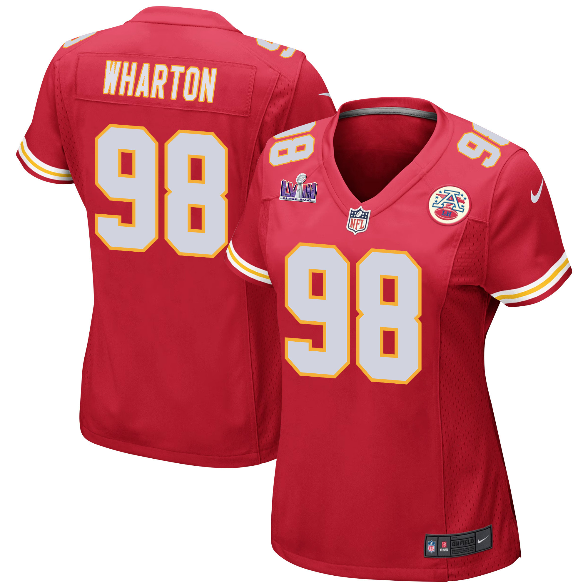 Tershawn Wharton 98 Kansas City Chiefs Super Bowl LVIII Patch Game Women Jersey - Red JS3314 nicesnker