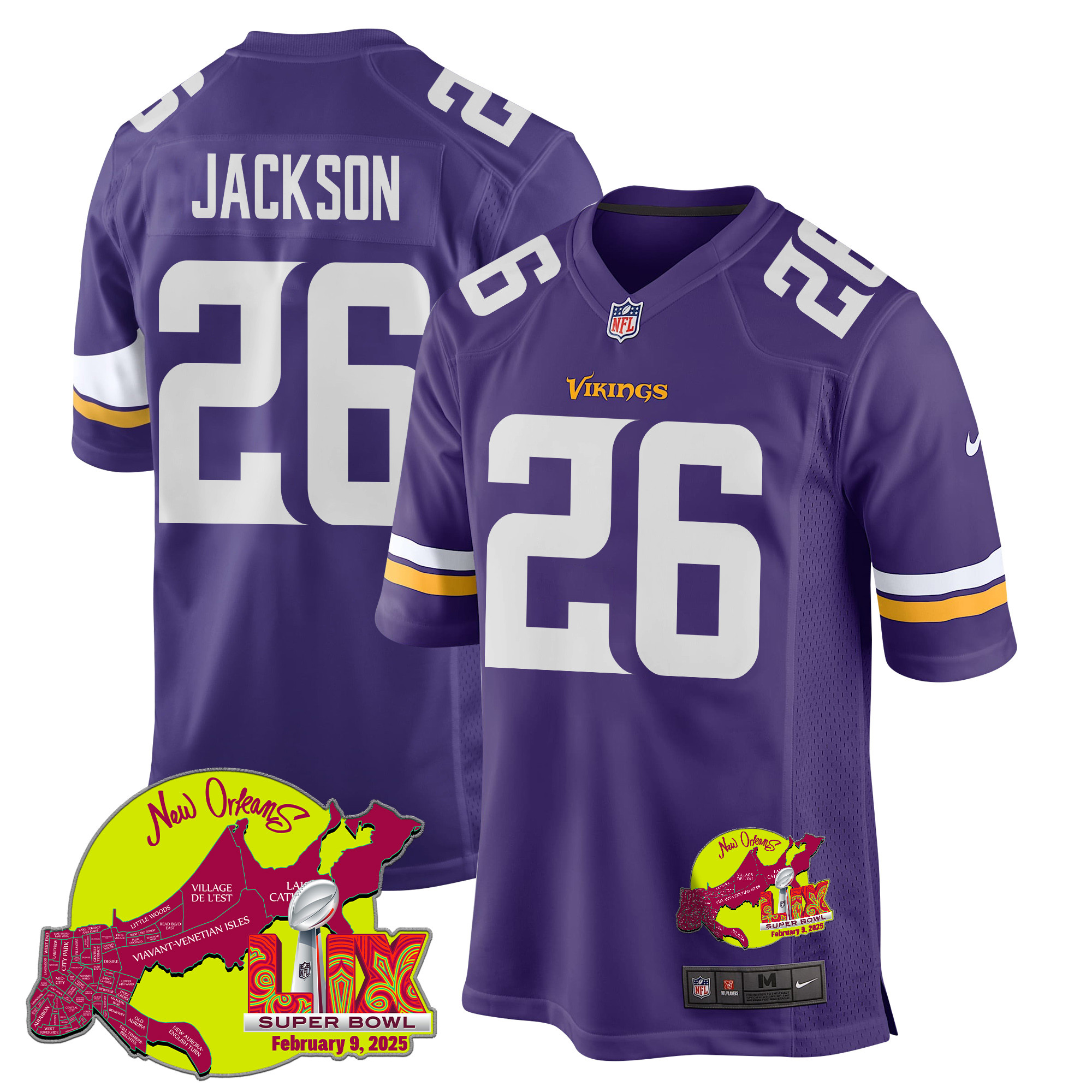 Theo Jackson 26 Minnesota Vikings Super Bowl LIX New Orleans Patch Game Men Jersey - Purple JS2646 nicesnker