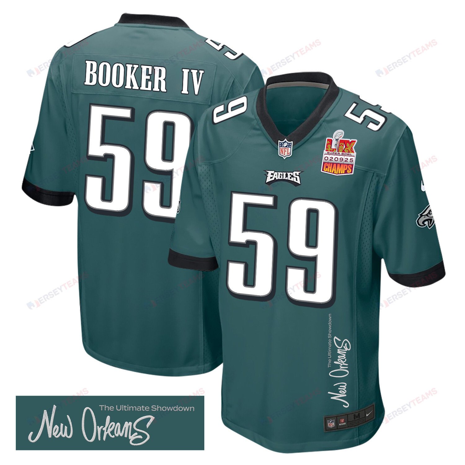 Thomas Booker IV 59 Philadelphia Eagles Super Bowl LIX Champions Patch 'New Orleans - The Ultimate Showdown' EMBROIDERED Game Men Jersey - Midnight Green JS1336 nicesnker