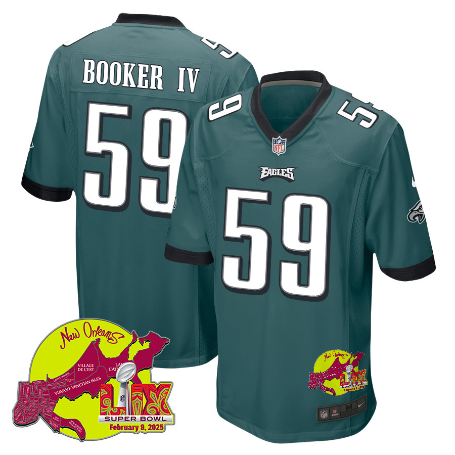 Thomas Booker IV 59 Philadelphia Eagles Super Bowl LIX New Orleans Patch Game Men Jersey - Midnight Green JS1269 nicesnker