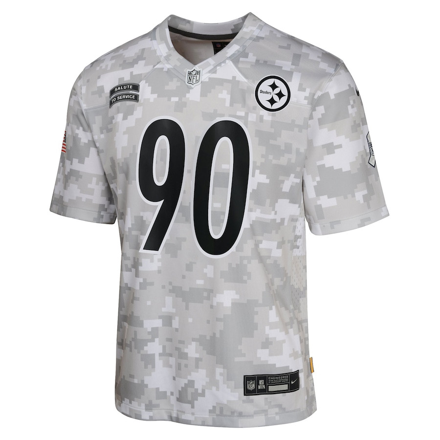 Alternative view of T.J. Watt 90 Pittsburgh Steelers 2024 Salute to Service Game YOUTH Jersey - Arctic Camo JS1365 nicesnker