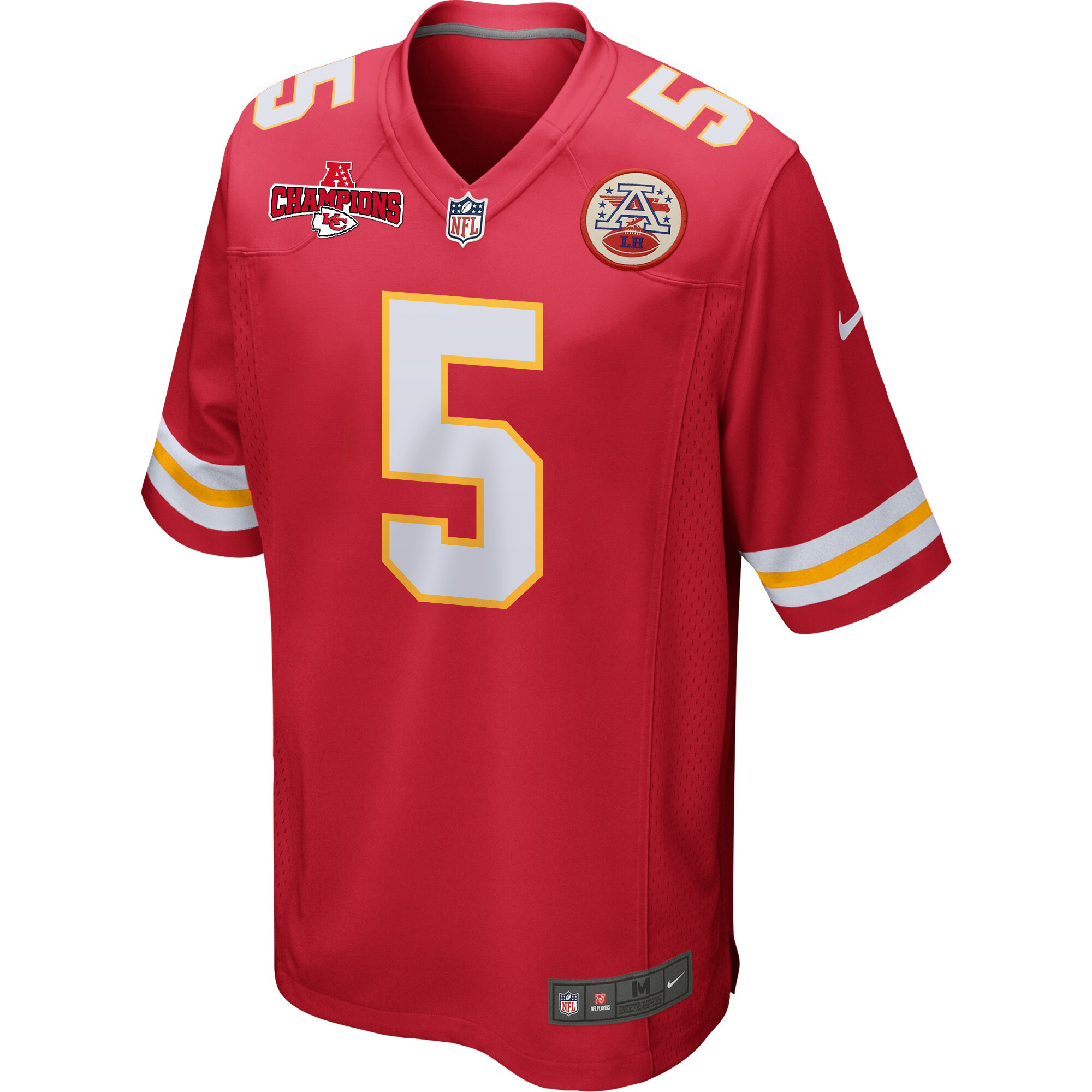 Alternative view of Tommy Townsend 5 Kansas City Chiefs AFC Champions Patch Game Men Jersey - Red JS8344 nicesnker