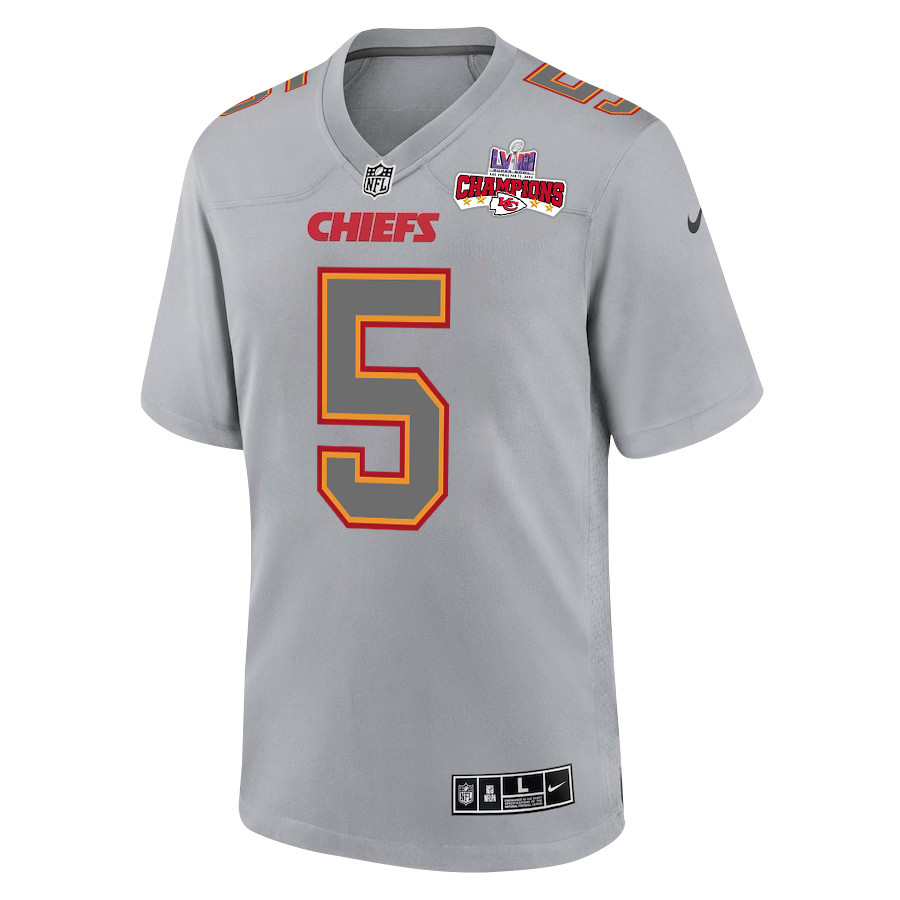 Alternative view of Tommy Townsend 5 Kansas City Chiefs Super Bowl LVIII Champions 4 Stars Patch Atmosphere Fashion Game Men Jersey - Gray JS8020 nicesnker