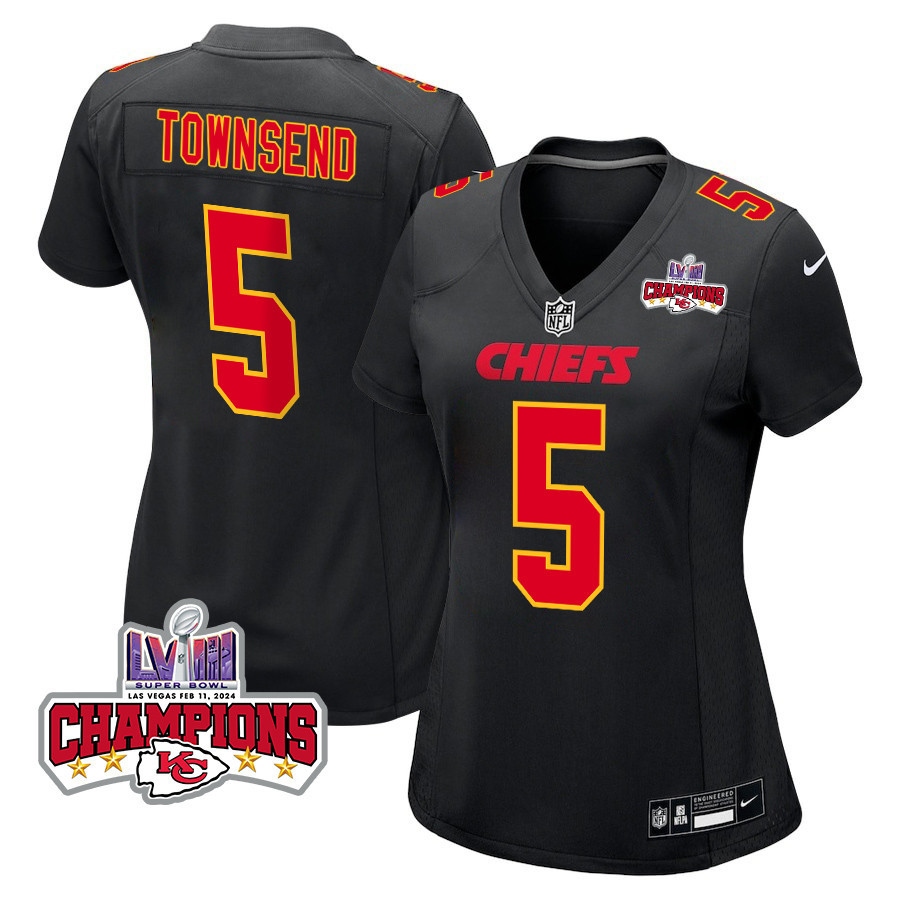 Tommy Townsend 5 Kansas City Chiefs Super Bowl LVIII Champions 4 Stars Patch Fashion Game Women Jersey - Carbon Black JS6133 nicesnker