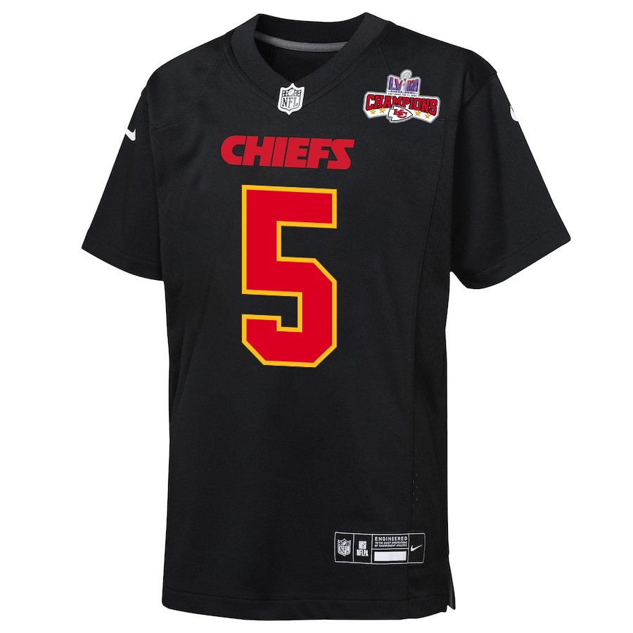 Alternative view of Tommy Townsend 5 Kansas City Chiefs Super Bowl LVIII Champions 4 Stars Patch Fashion Game YOUTH Jersey - Carbon Black JS8995 nicesnker