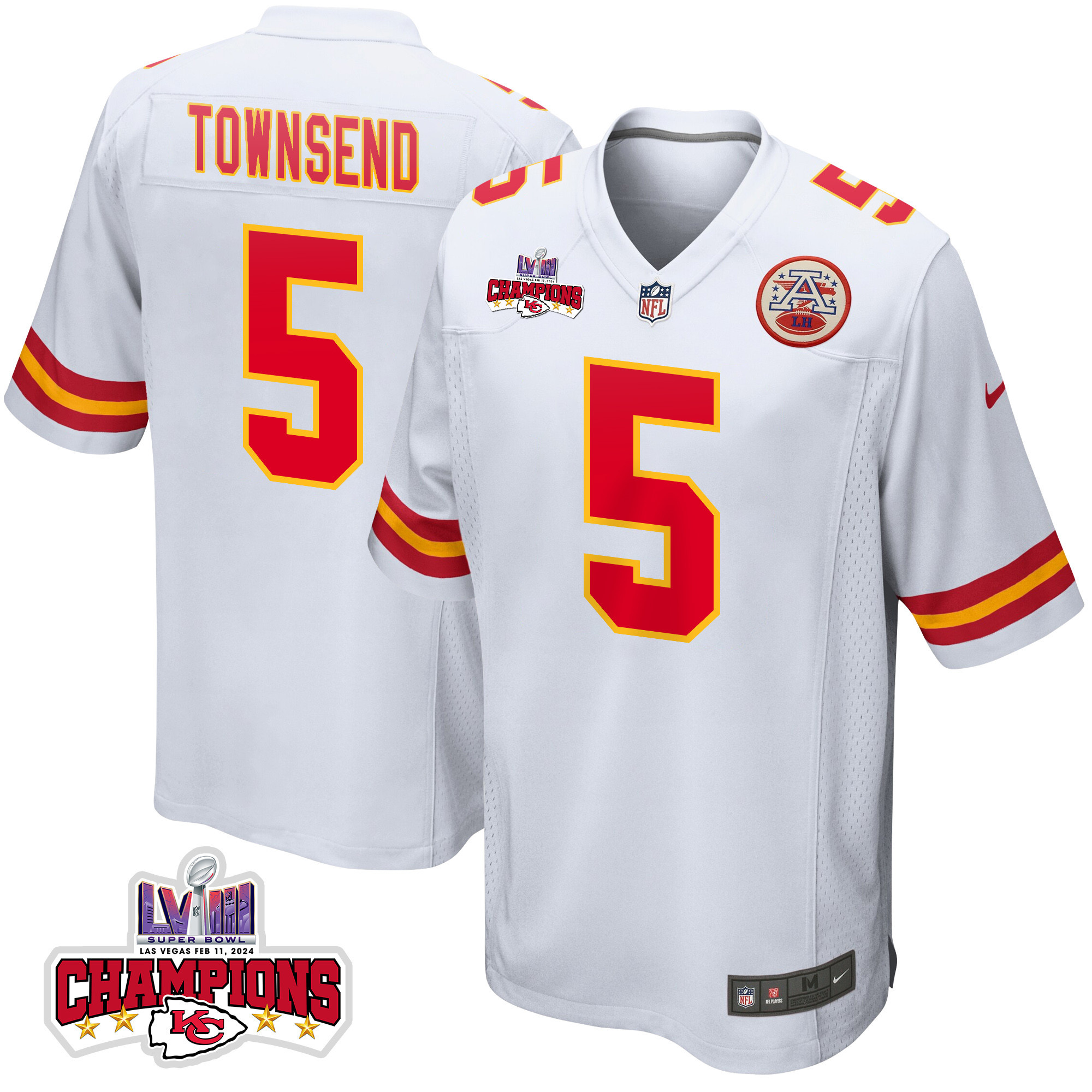 Tommy Townsend 5 Kansas City Chiefs Super Bowl LVIII Champions 4 Stars Patch Game Men Jersey - White JS1813 nicesnker