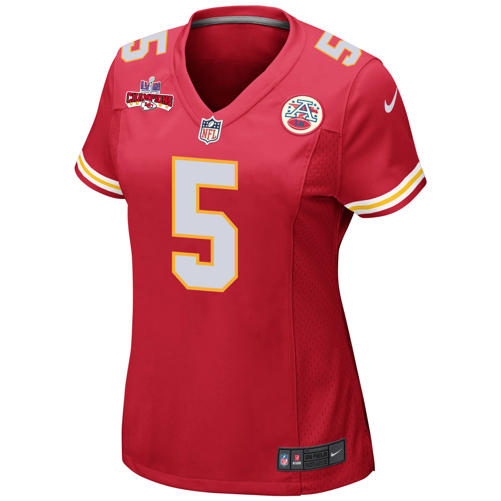 Alternative view of Tommy Townsend 5 Kansas City Chiefs Super Bowl LVIII Champions 4 Stars Patch Game Women Jersey - Red JS1342 nicesnker