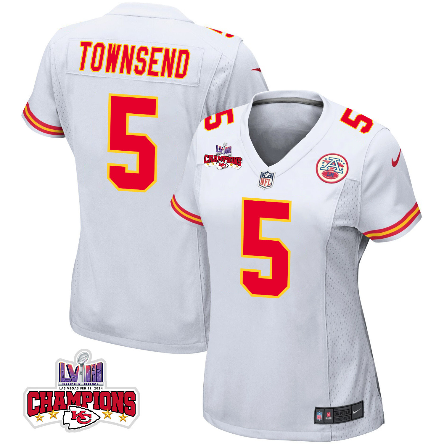 Tommy Townsend 5 Kansas City Chiefs Super Bowl LVIII Champions 4 Stars Patch Game Women Jersey - White JS9797 nicesnker