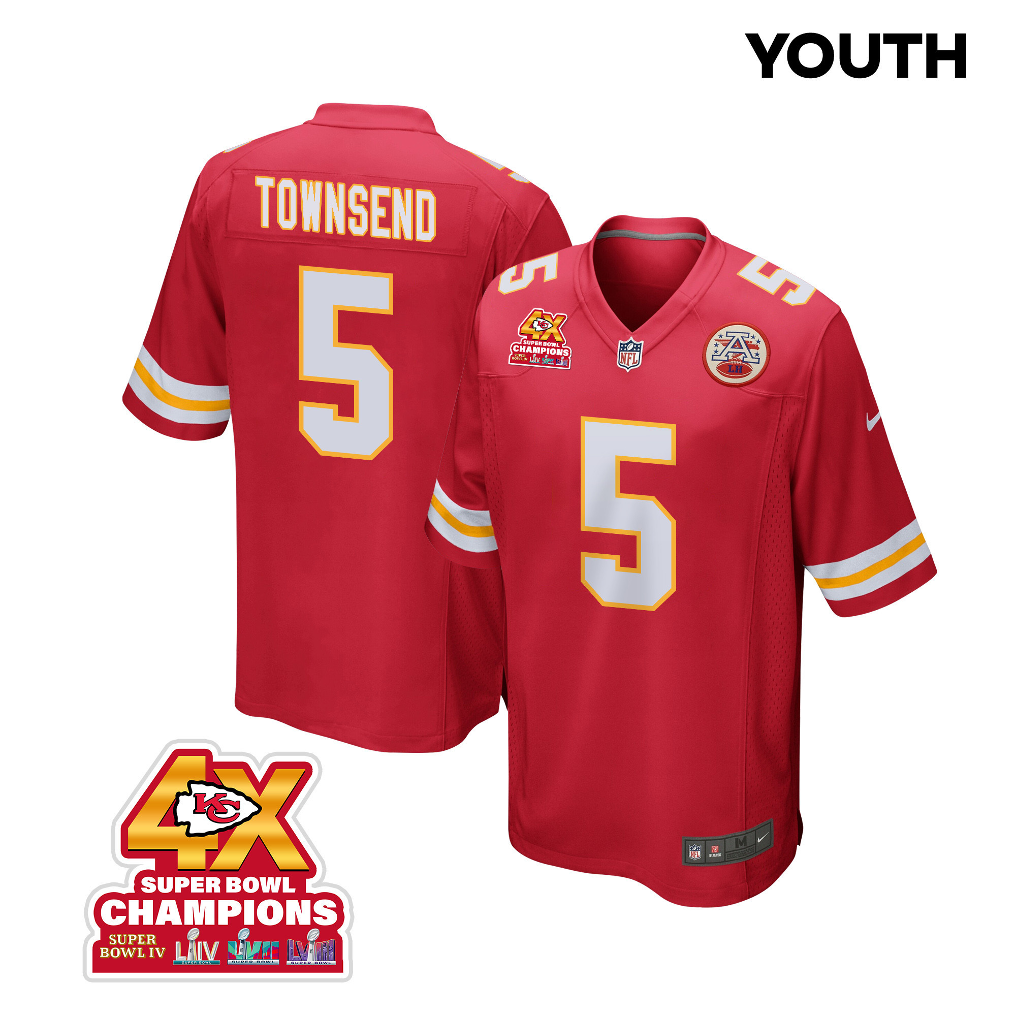 Tommy Townsend 5 Kansas City Chiefs Super Bowl LVIII Champions 4X Game YOUTH Jersey - Red JS8324 nicesnker