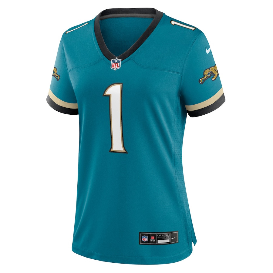 Alternative view of Travis Etienne Jr 1 Jacksonville Jaguars Women's Prowler Throwback Game Jersey - Teal JS5158 nicesnker