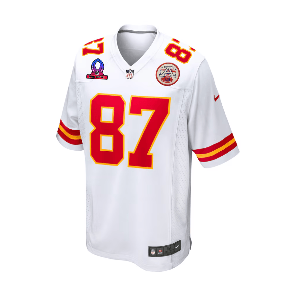 Alternative view of Travis Kelce 87 Kansas City Chiefs 2025 Pro Bowl Patch Game Men Jersey - White JS5483 nicesnker