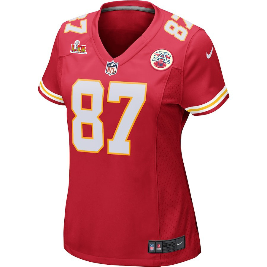 Alternative view of Travis Kelce #87 Kansas City Chiefs Super Bowl LIX Women's Jersey - Red JS6125 nicesnker