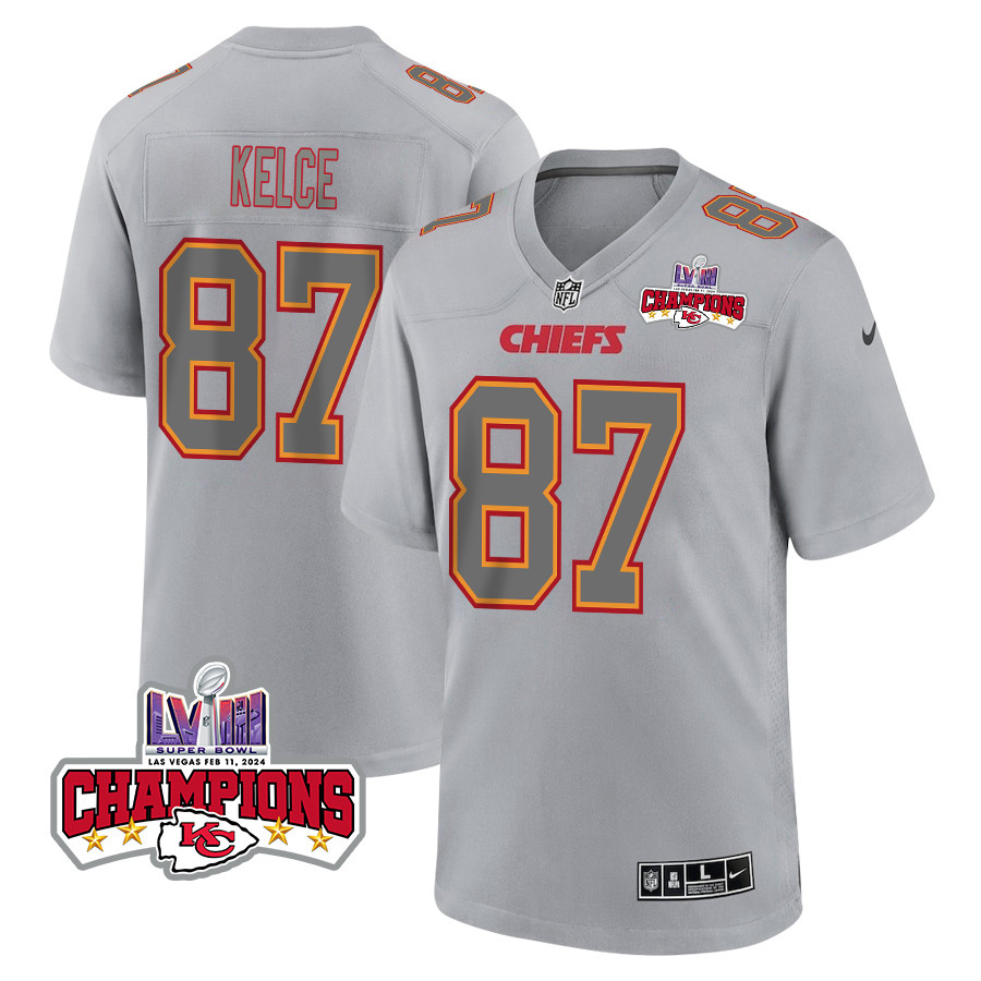 Travis Kelce 87 Kansas City Chiefs Super Bowl LVIII Champions 4 Stars Patch Atmosphere Fashion Game Men Jersey - Gray JS2299 nicesnker