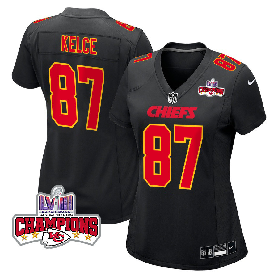 Travis Kelce 87 Kansas City Chiefs Super Bowl LVIII Champions 4 Stars Patch Fashion Game Women Jersey - Carbon Black JS1359 nicesnker