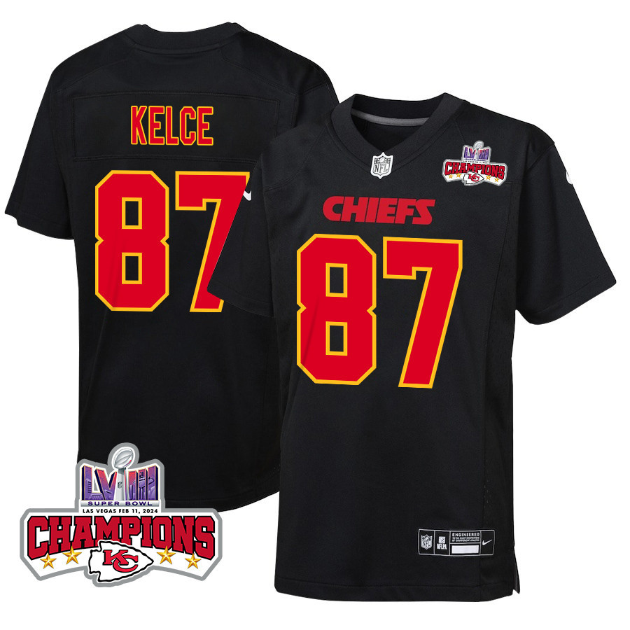 Travis Kelce 87 Kansas City Chiefs Super Bowl LVIII Champions 4 Stars Patch Fashion Game YOUTH Jersey - Carbon Black JS7370 nicesnker