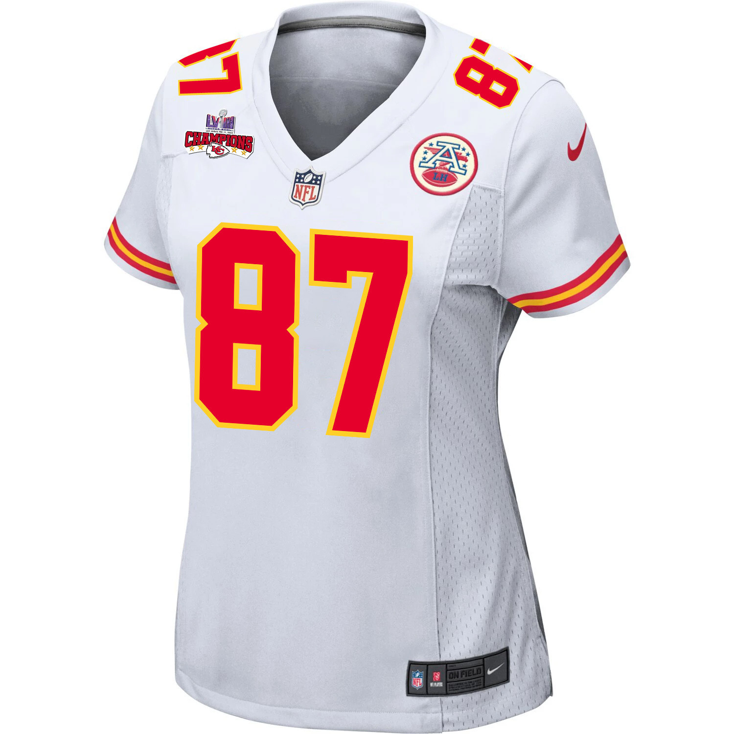 Alternative view of Travis Kelce 87 Kansas City Chiefs Super Bowl LVIII Champions 4 Stars Patch Game Women Jersey - White JS2134 nicesnker