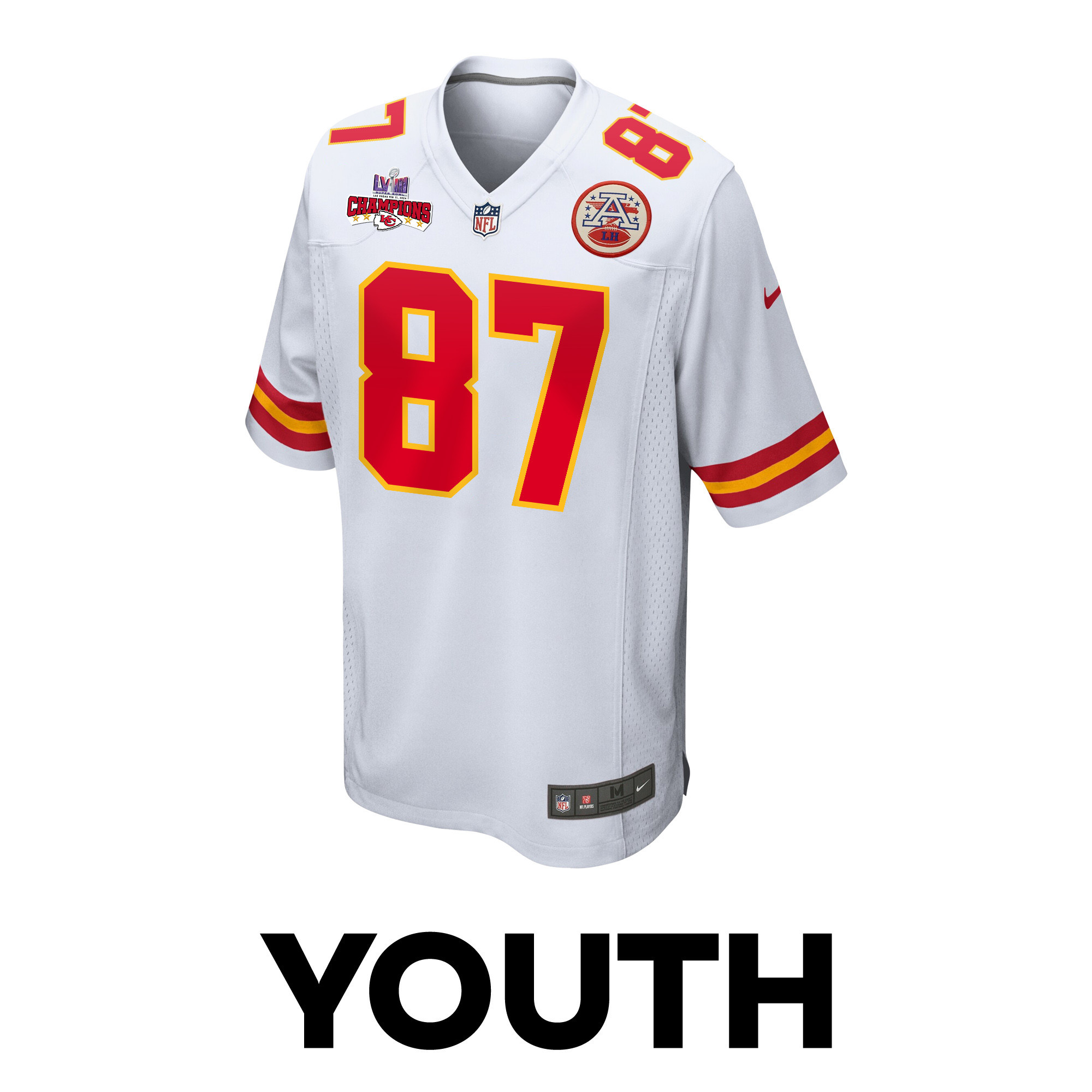 Alternative view of Travis Kelce 87 Kansas City Chiefs Super Bowl LVIII Champions 4 Stars Patch Game YOUTH Jersey - White JS6773 nicesnker