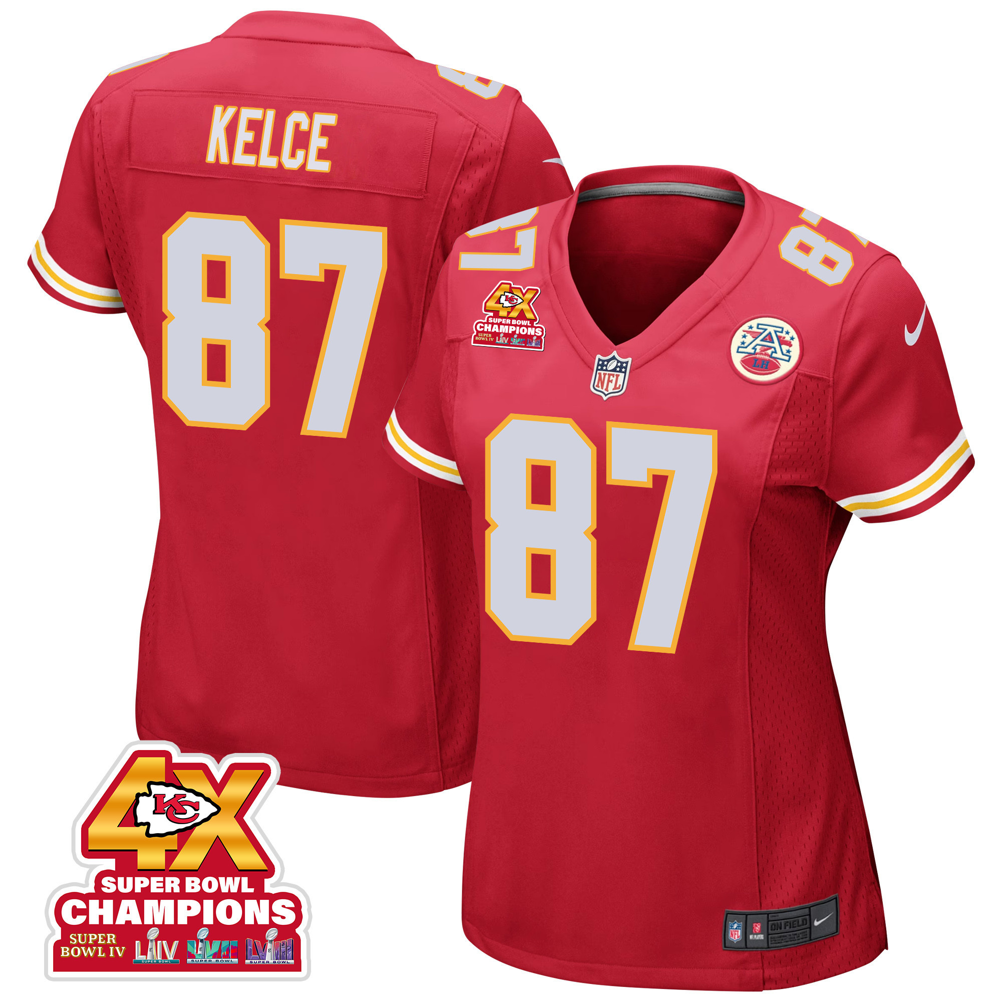 Travis Kelce 87 Kansas City Chiefs Super Bowl LVIII Champions 4X Game Women Jersey - Red JS6443 nicesnker