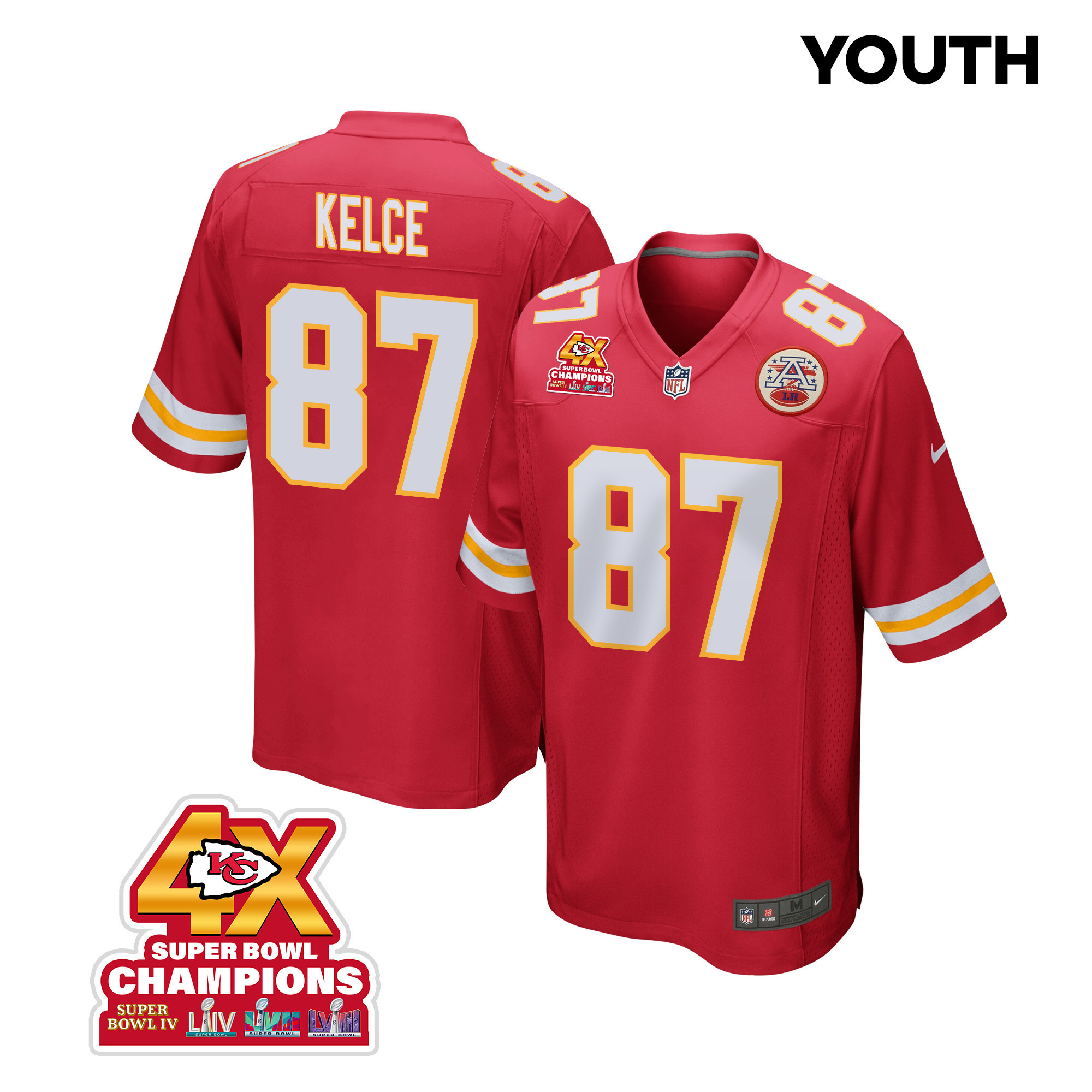 Travis Kelce 87 Kansas City Chiefs Super Bowl LVIII Champions 4X Game YOUTH Jersey - Red JS9974 nicesnker