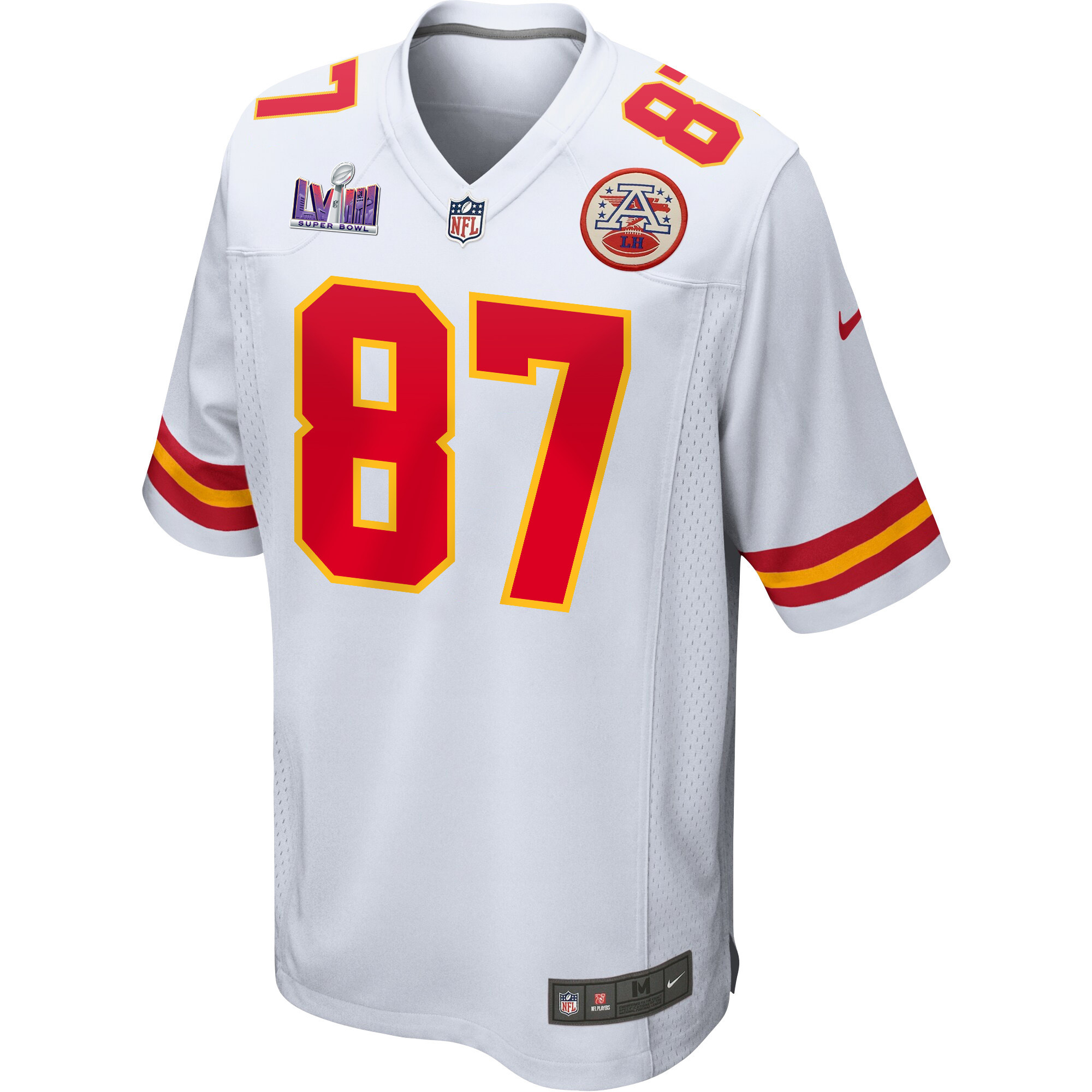 Alternative view of Travis Kelce 87 Kansas City Chiefs Super Bowl LVIII Patch Game Men Jersey - White JS8114 nicesnker