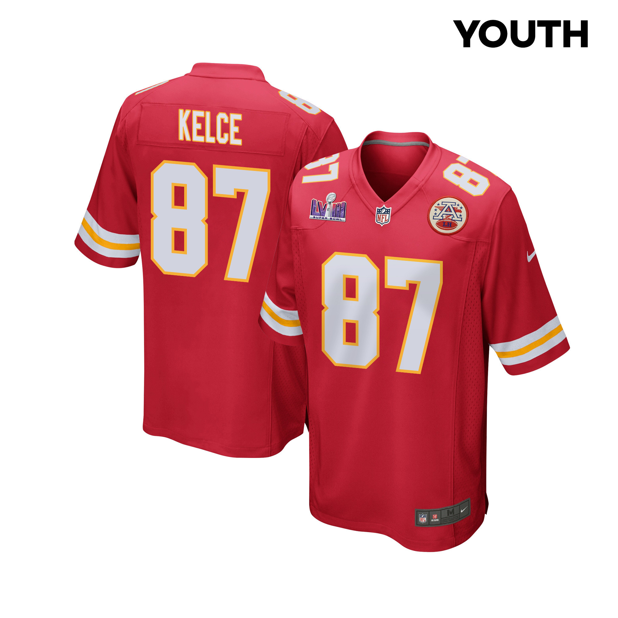 Travis Kelce 87 Kansas City Chiefs Super Bowl LVIII Patch Game YOUTH Jersey - Red JS5444 nicesnker