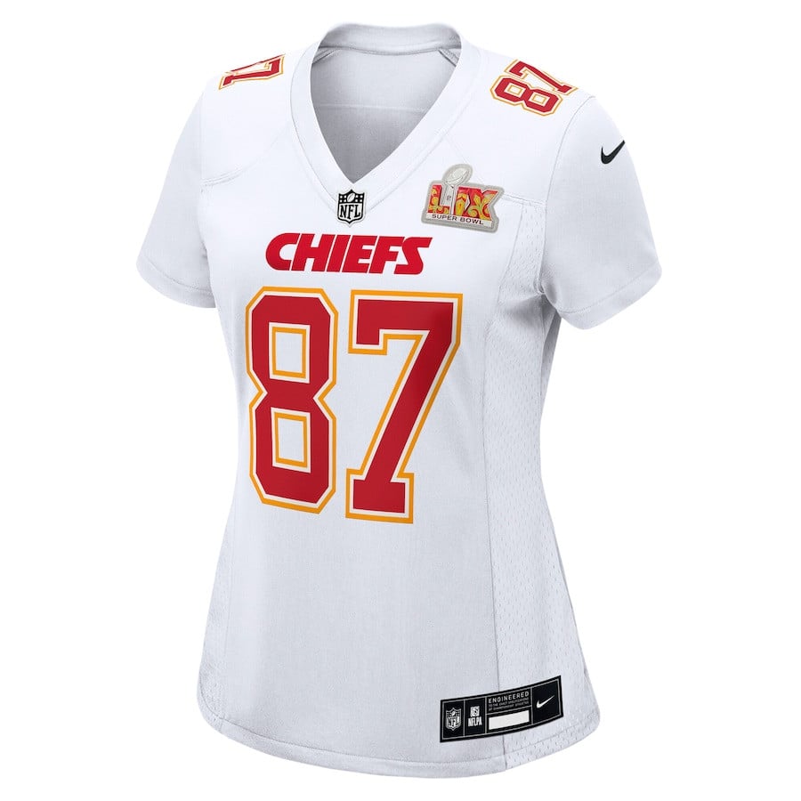 Alternative view of Travis Kelce 87 Kansas City Chiefs Women's Super Bowl LIX Fashion Game Jersey - Tundra White JS2425 nicesnker
