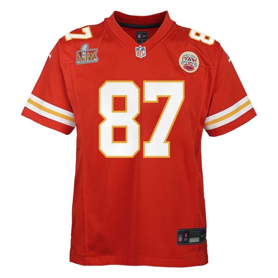 Alternative view of Travis Kelce 87 Kansas City Chiefs Youth Super Bowl LIX Game Player Jersey - Red JS9436 nicesnker