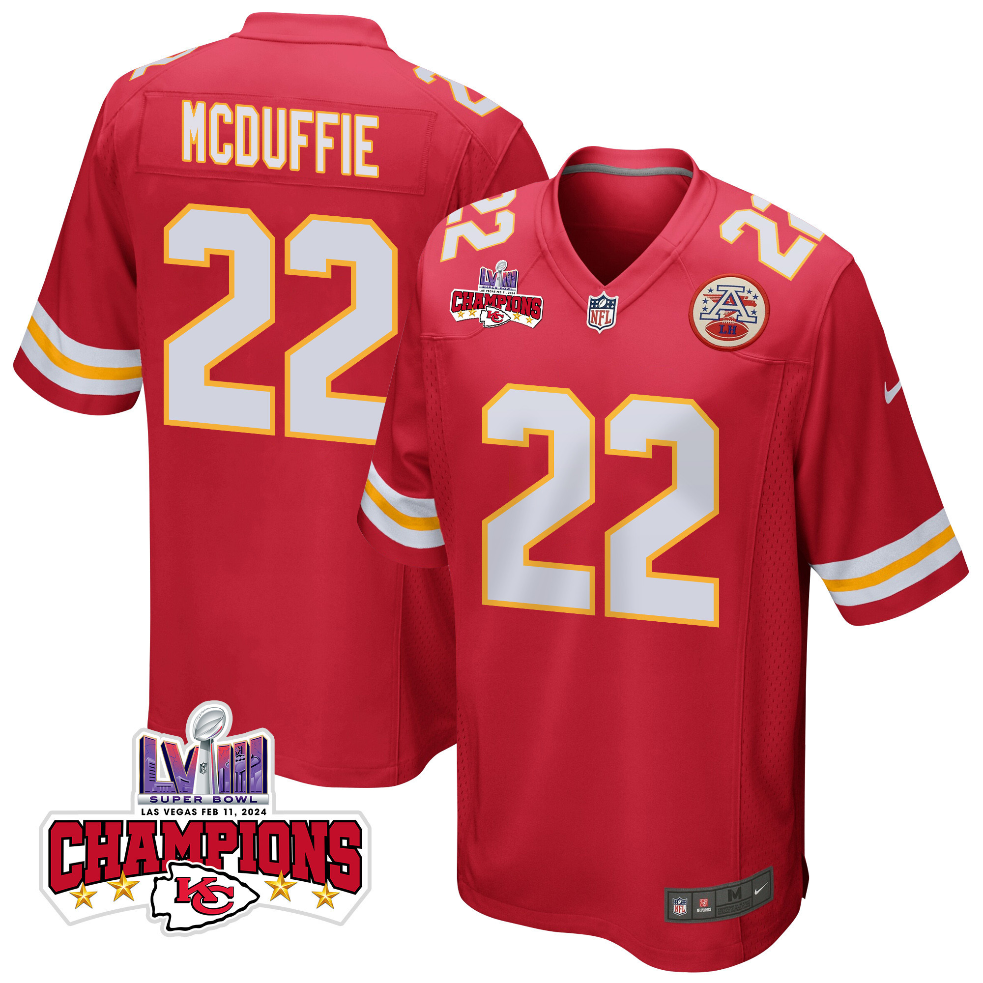 Trent McDuffie 22 Kansas City Chiefs Super Bowl LVIII Champions 4 Stars Patch Game Men Jersey - Red JS2917 nicesnker