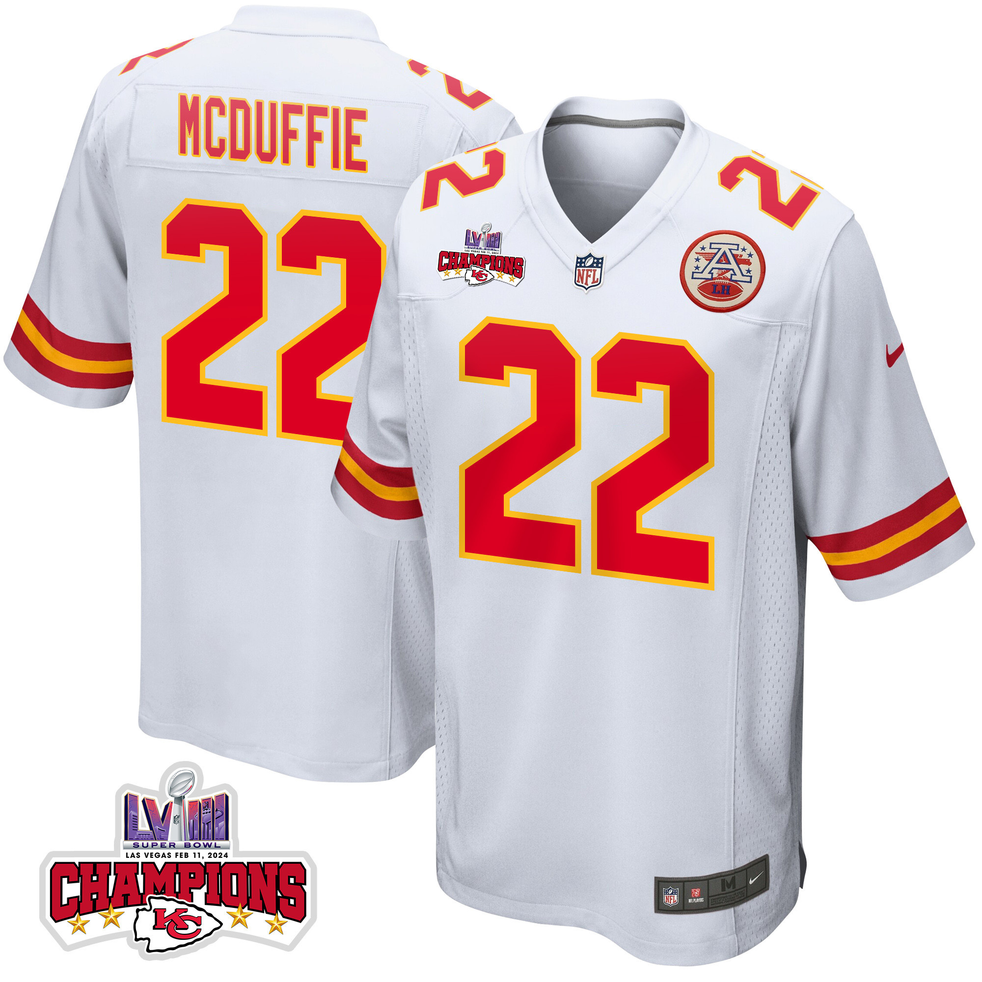 Trent McDuffie 22 Kansas City Chiefs Super Bowl LVIII Champions 4 Stars Patch Game Men Jersey - White JS7186 nicesnker
