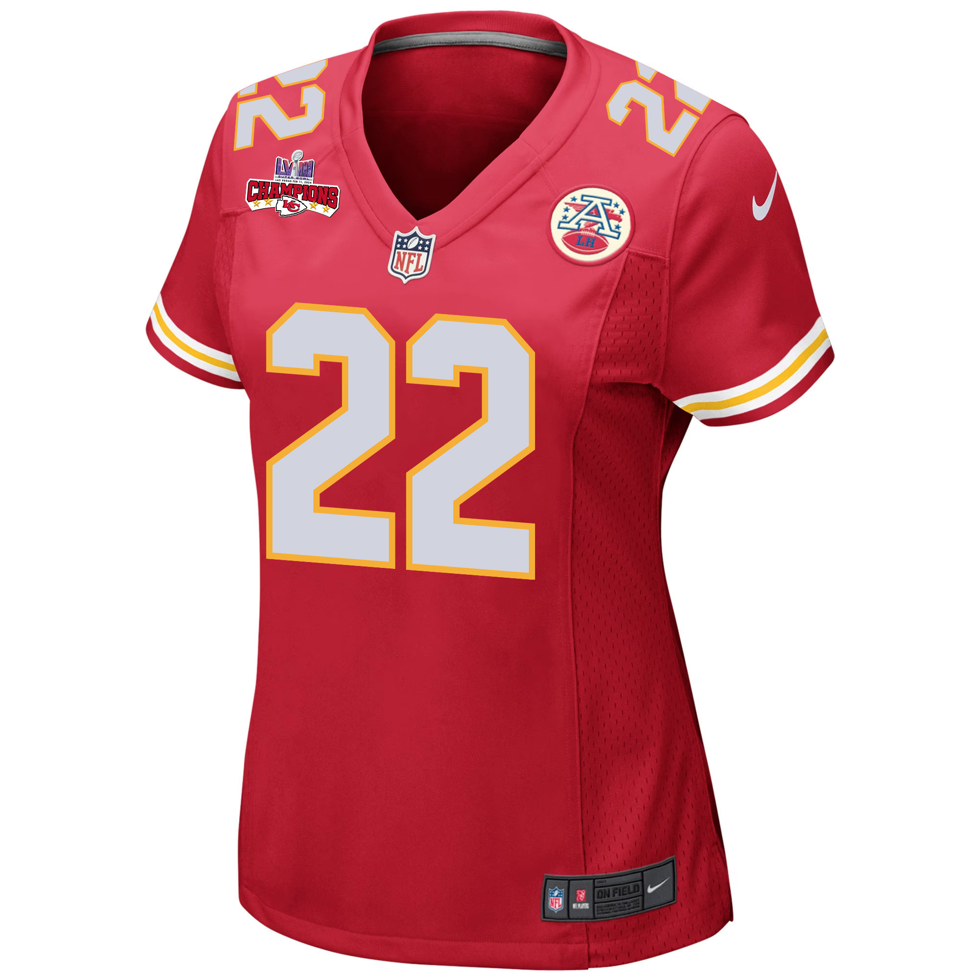 Alternative view of Trent McDuffie 22 Kansas City Chiefs Super Bowl LVIII Champions 4 Stars Patch Game Women Jersey - Red JS7510 nicesnker
