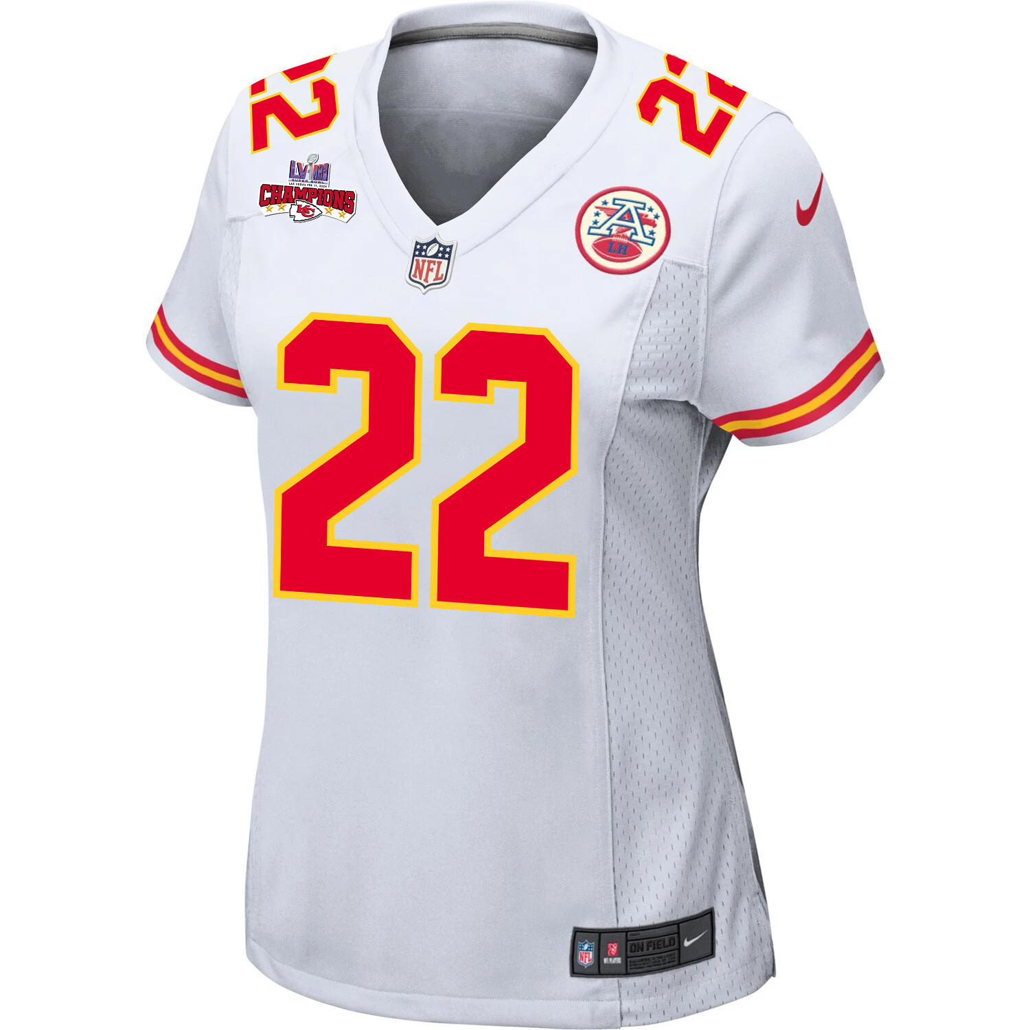 Alternative view of Trent McDuffie 22 Kansas City Chiefs Super Bowl LVIII Champions 4 Stars Patch Game Women Jersey - White JS9185 nicesnker