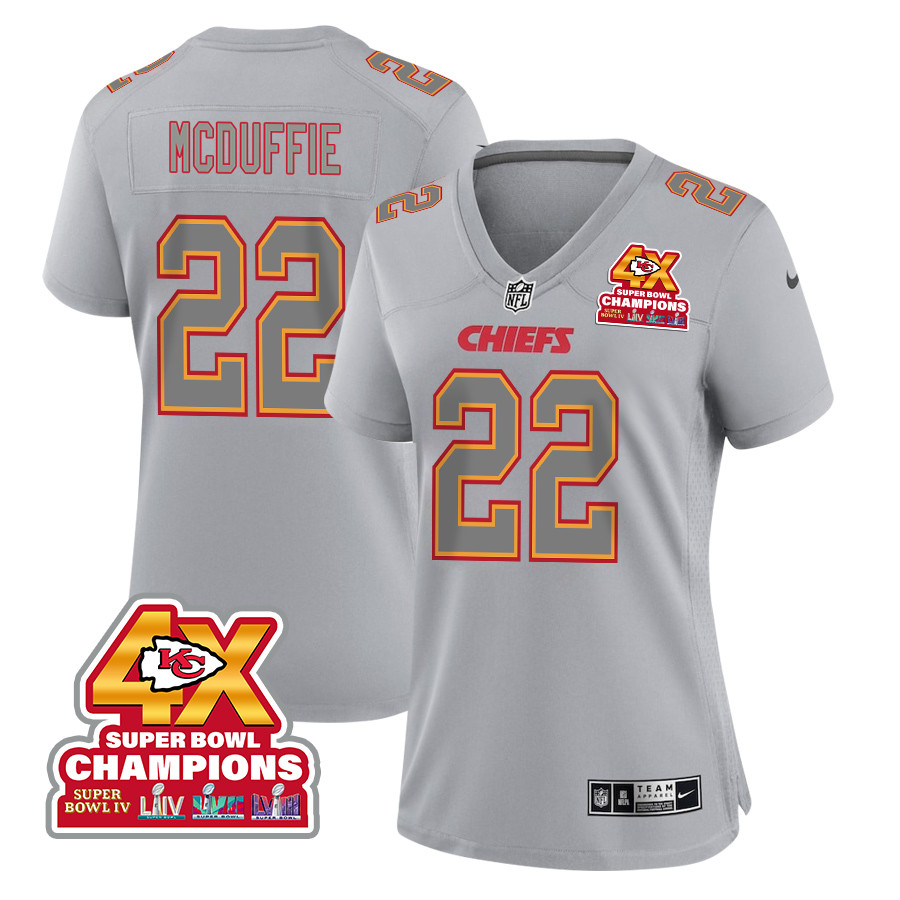 Trent McDuffie 22 Kansas City Chiefs Super Bowl LVIII Champions 4X Atmosphere Fashion Game Women Jersey - Gray JS6179 nicesnker