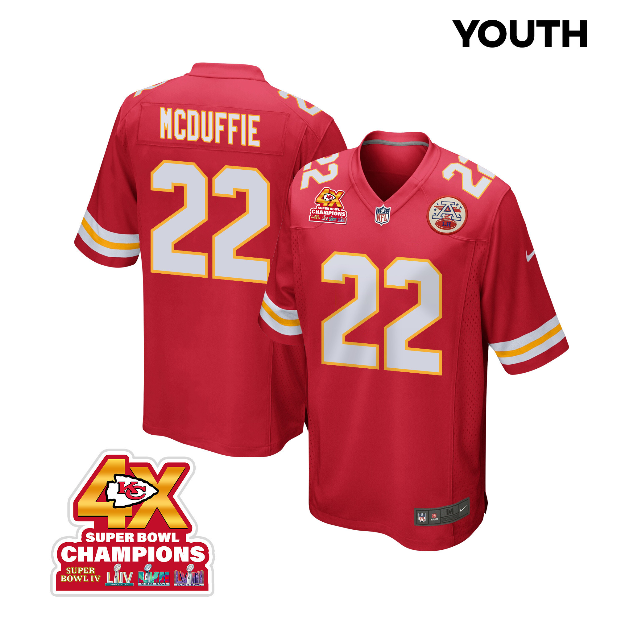 Trent McDuffie 22 Kansas City Chiefs Super Bowl LVIII Champions 4X Game YOUTH Jersey - Red JS7952 nicesnker