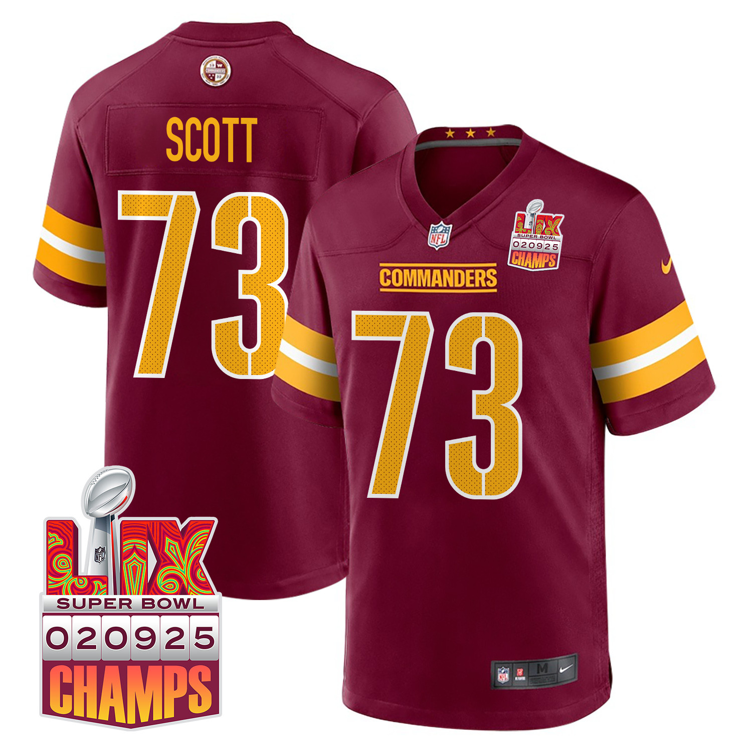 Trent Scott 73 Washington Commanders Super Bowl LIX Champions Patch Game Men Jersey - Burgundy JS1602 nicesnker