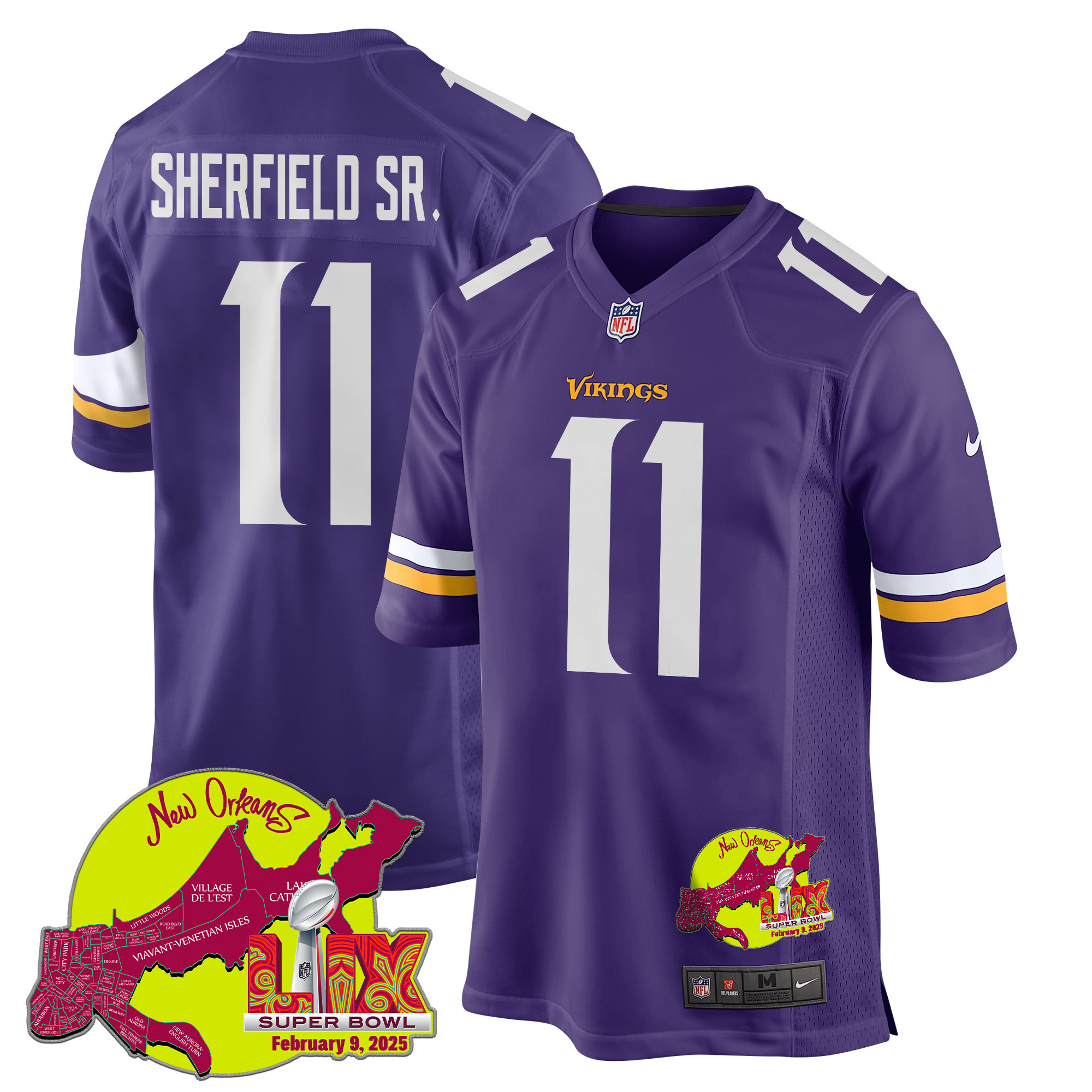 Trent Sherfield Sr. 11 Minnesota Vikings Super Bowl LIX New Orleans Patch Game Men Jersey - Purple JS8020 nicesnker