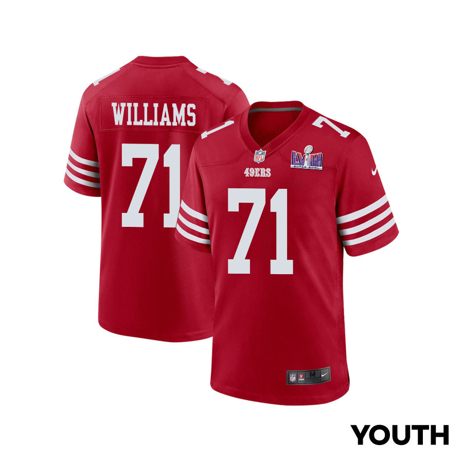 Trent Williams 71 San Francisco 49ers Super Bowl LVIII Patch Game YOUTH Jersey - Scarlet JS1223 nicesnker