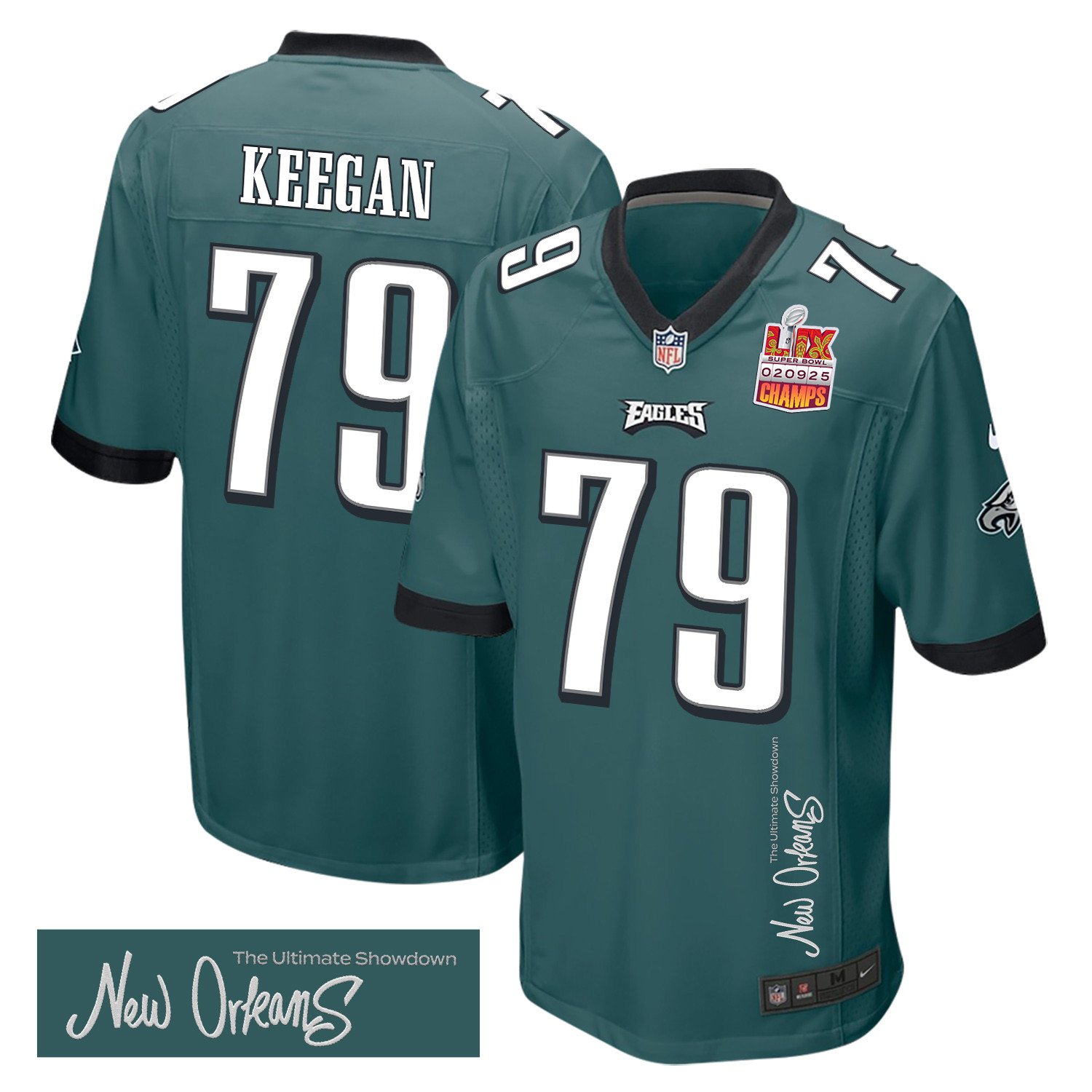 Trevor Keegan 79 Philadelphia Eagles Super Bowl LIX Champions Patch 'New Orleans - The Ultimate Showdown' EMBROIDERED Game Men Jersey - Midnight Green JS3632 nicesnker