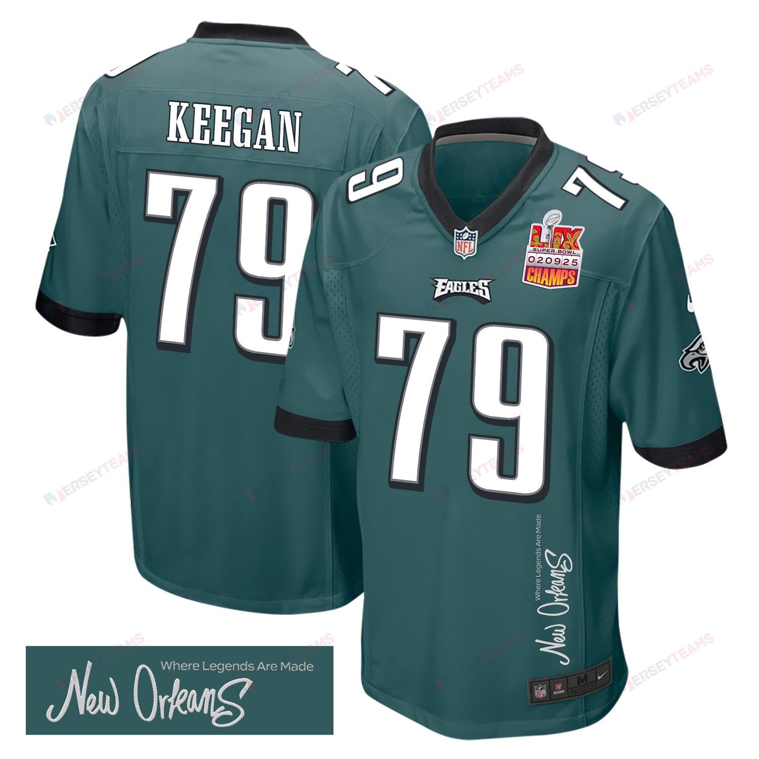 Trevor Keegan 79 Philadelphia Eagles Super Bowl LIX Champions Patch 'New Orleans - Where Legends Are Made' EMBROIDERED Game Men Jersey - Midnight Green JS5854 nicesnker