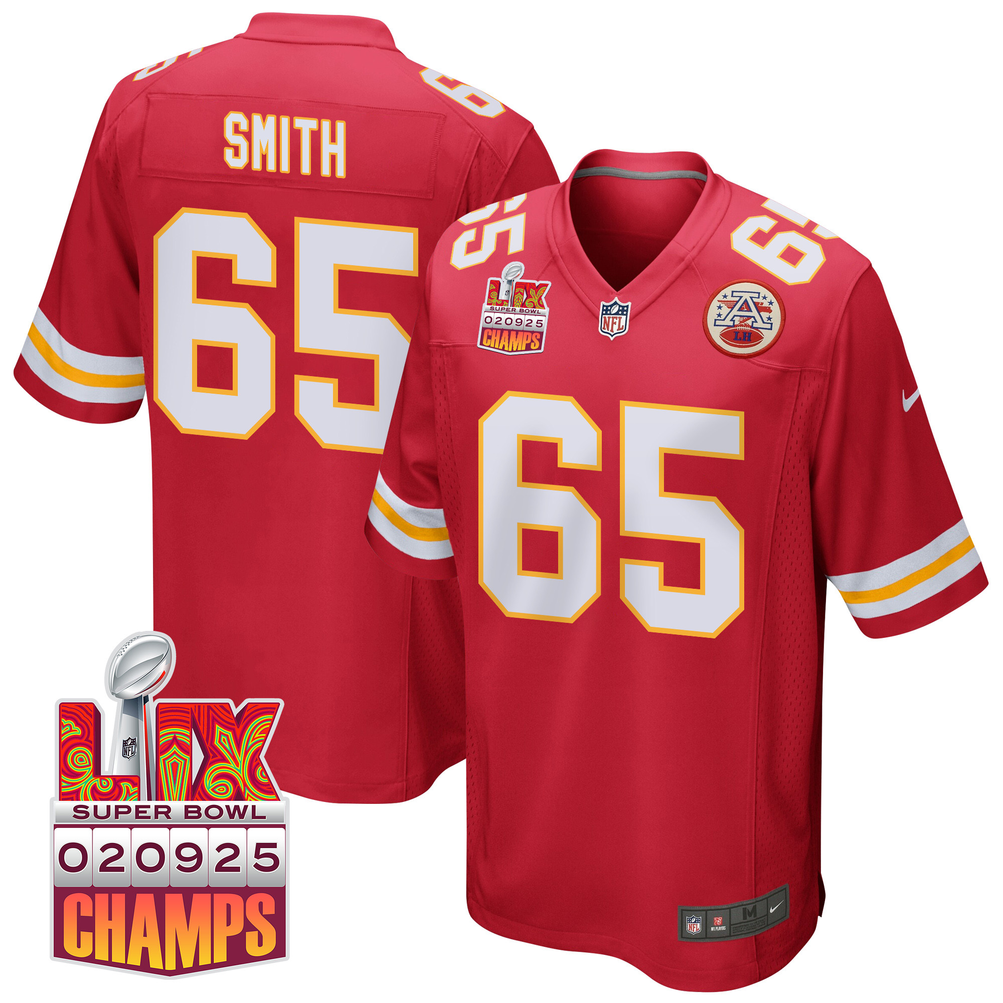 Trey Smith 65 Kansas City Chiefs Super Bowl LIX Champions Patch Game Men Jersey - Red JS9364 nicesnker
