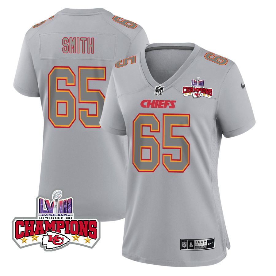 Trey Smith 65 Kansas City Chiefs Super Bowl LVIII Champions 4 Stars Patch Atmosphere Fashion Game Women Jersey - Gray JS4161 nicesnker