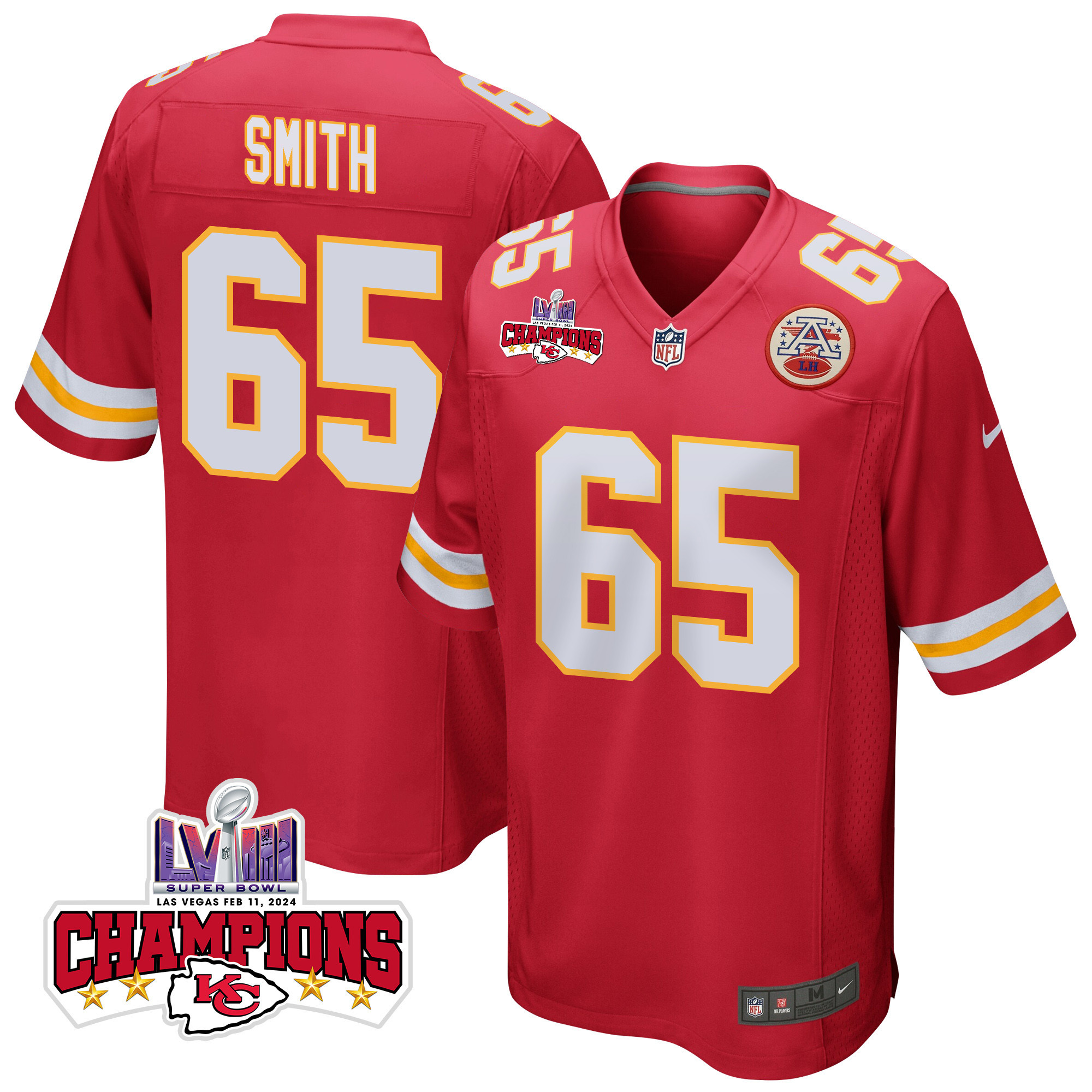 Trey Smith 65 Kansas City Chiefs Super Bowl LVIII Champions 4 Stars Patch Game Men Jersey - Red JS2015 nicesnker