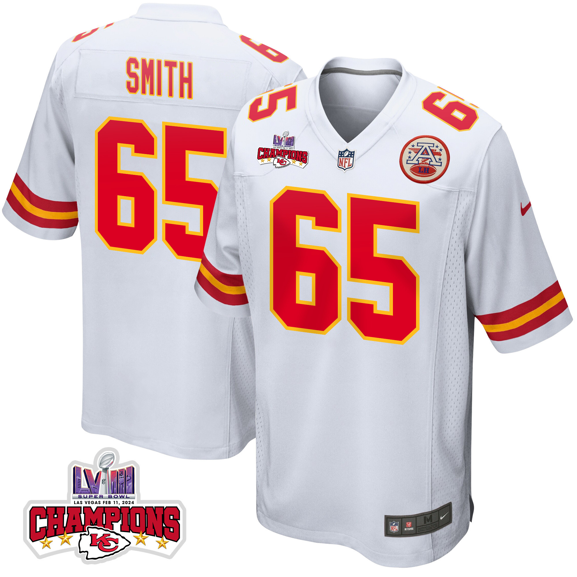 Trey Smith 65 Kansas City Chiefs Super Bowl LVIII Champions 4 Stars Patch Game Men Jersey - White JS2968 nicesnker
