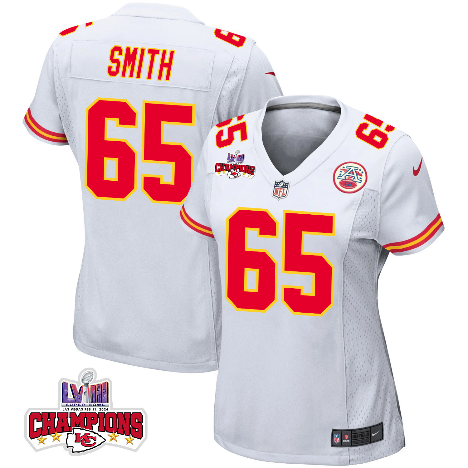Trey Smith 65 Kansas City Chiefs Super Bowl LVIII Champions 4 Stars Patch Game Women Jersey - White JS8230 nicesnker