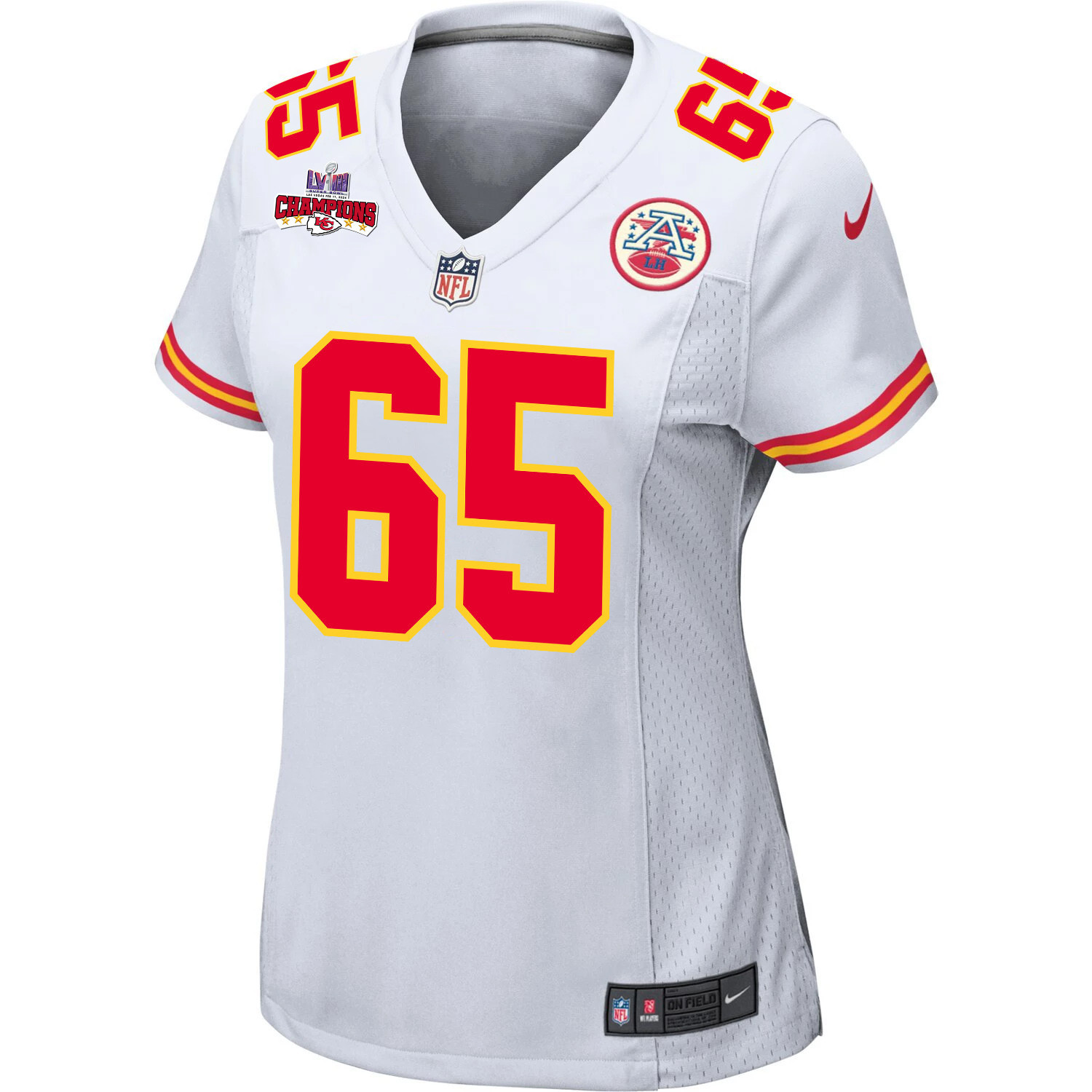 Alternative view of Trey Smith 65 Kansas City Chiefs Super Bowl LVIII Champions 4 Stars Patch Game Women Jersey - White JS8230 nicesnker