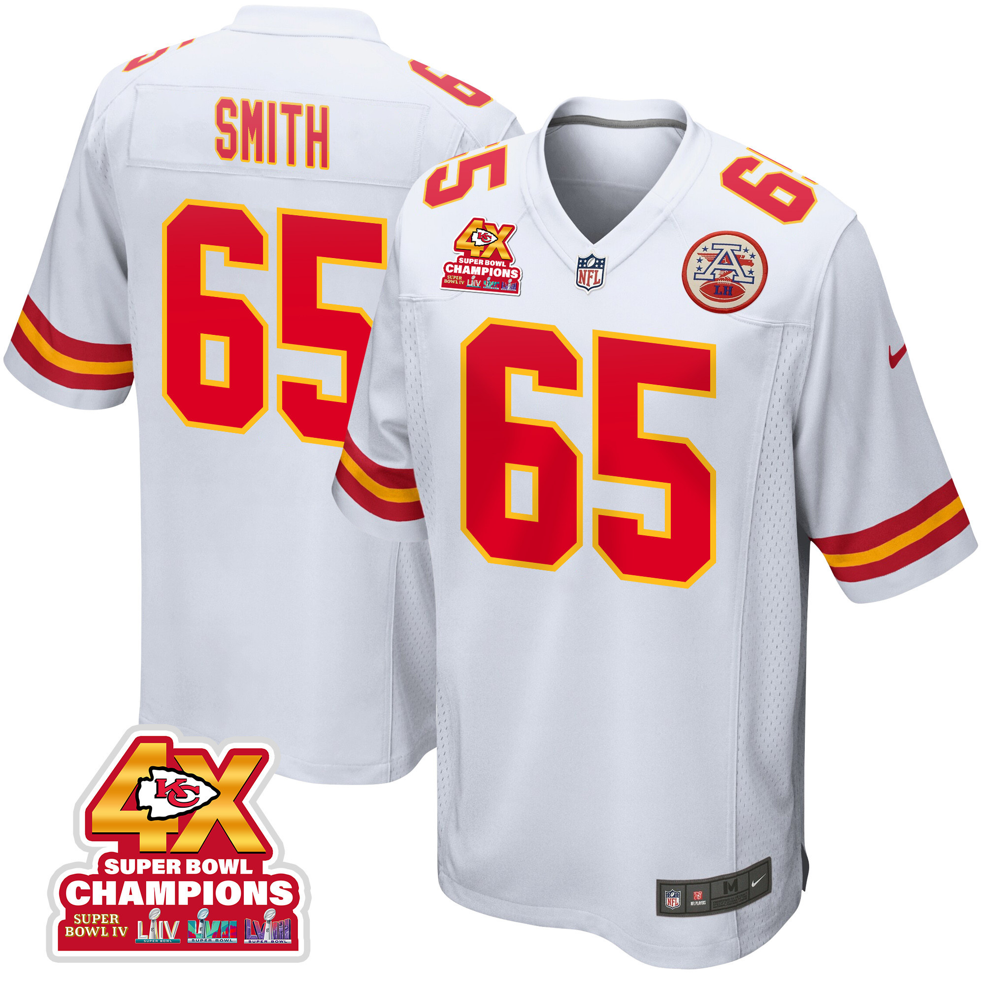 Trey Smith 65 Kansas City Chiefs Super Bowl LVIII Champions 4X Game Men Jersey - White JS1773 nicesnker