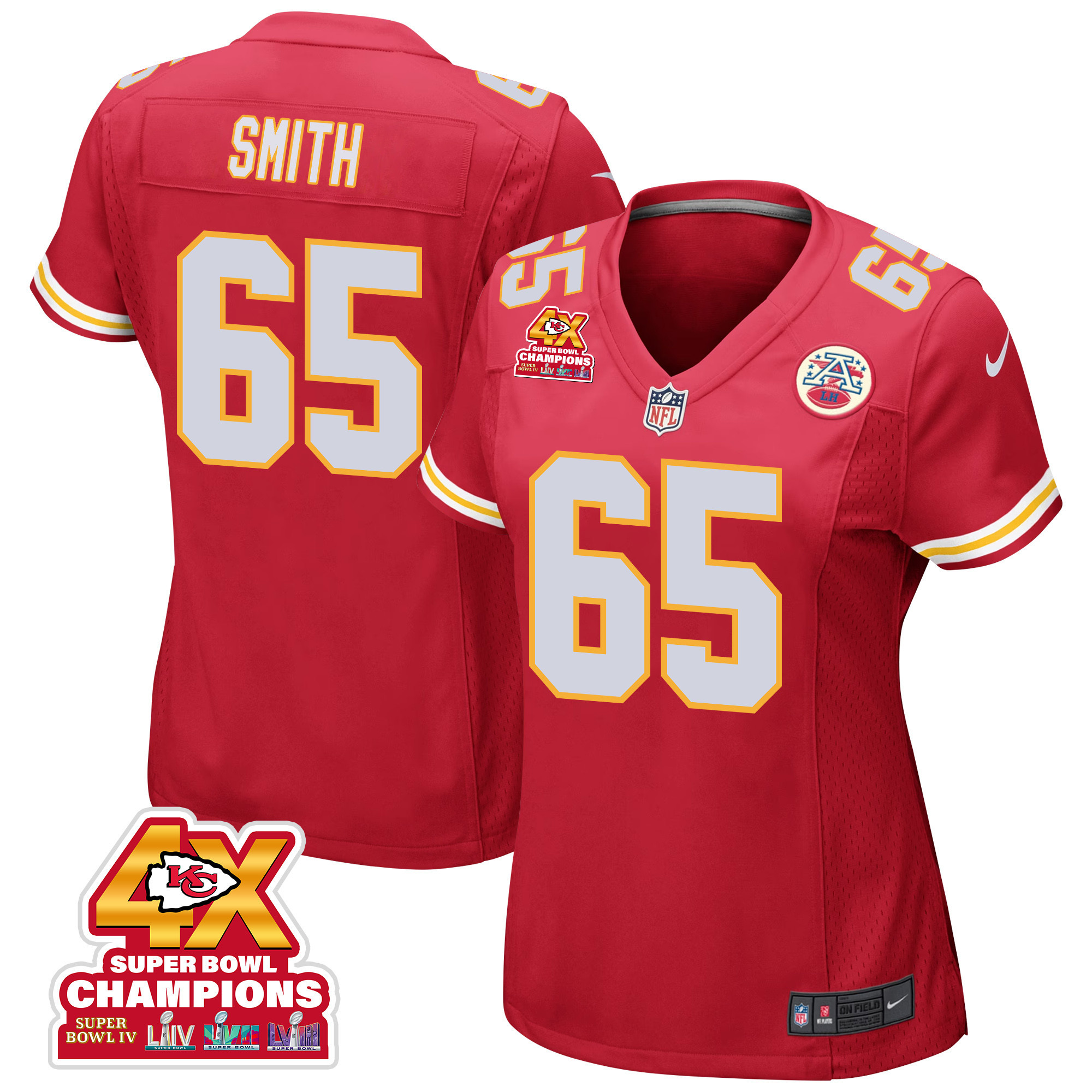 Trey Smith 65 Kansas City Chiefs Super Bowl LVIII Champions 4X Game Women Jersey - Red JS2189 nicesnker