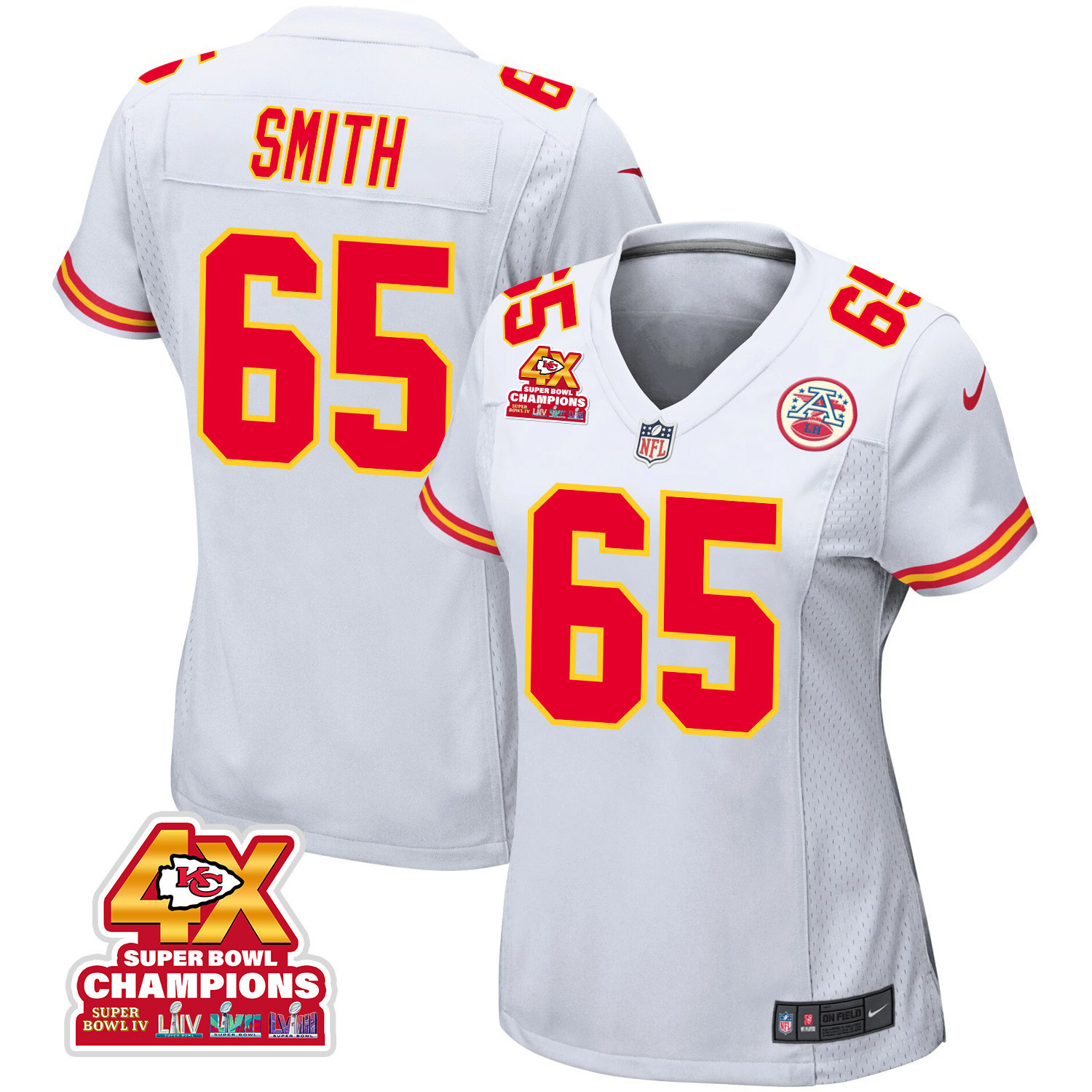 Trey Smith 65 Kansas City Chiefs Super Bowl LVIII Champions 4X Game Women Jersey - White JS3934 nicesnker