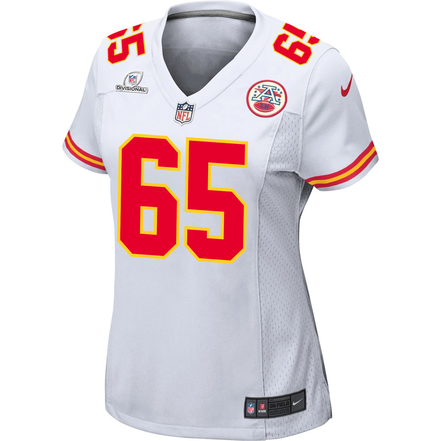 Alternative view of Trey Smith 65 Kansas City Chiefs Super Bowl LVIII Patch Game Women Jersey - White JS3194 nicesnker