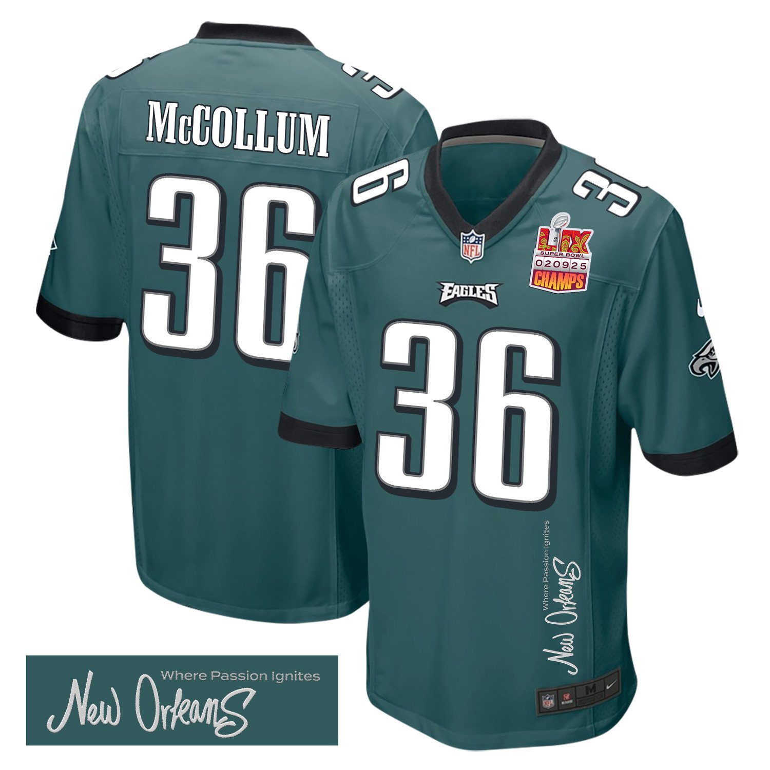 Tristin McCollum 36 Philadelphia Eagles Super Bowl LIX Champions Patch 'New Orleans - Where Passion Ignites' EMBROIDERED Game Men Jersey - Midnight Green JS9504 nicesnker