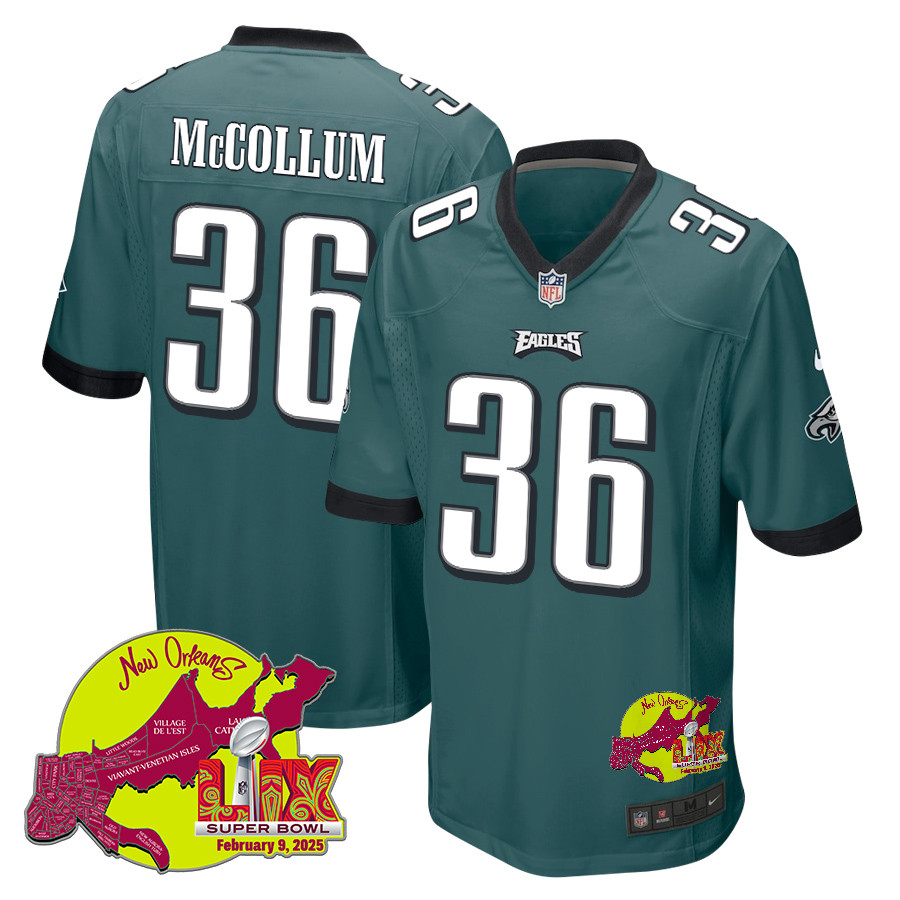 Tristin McCollum 36 Philadelphia Eagles Super Bowl LIX New Orleans Patch Game Men Jersey - Midnight Green JS8746 nicesnker